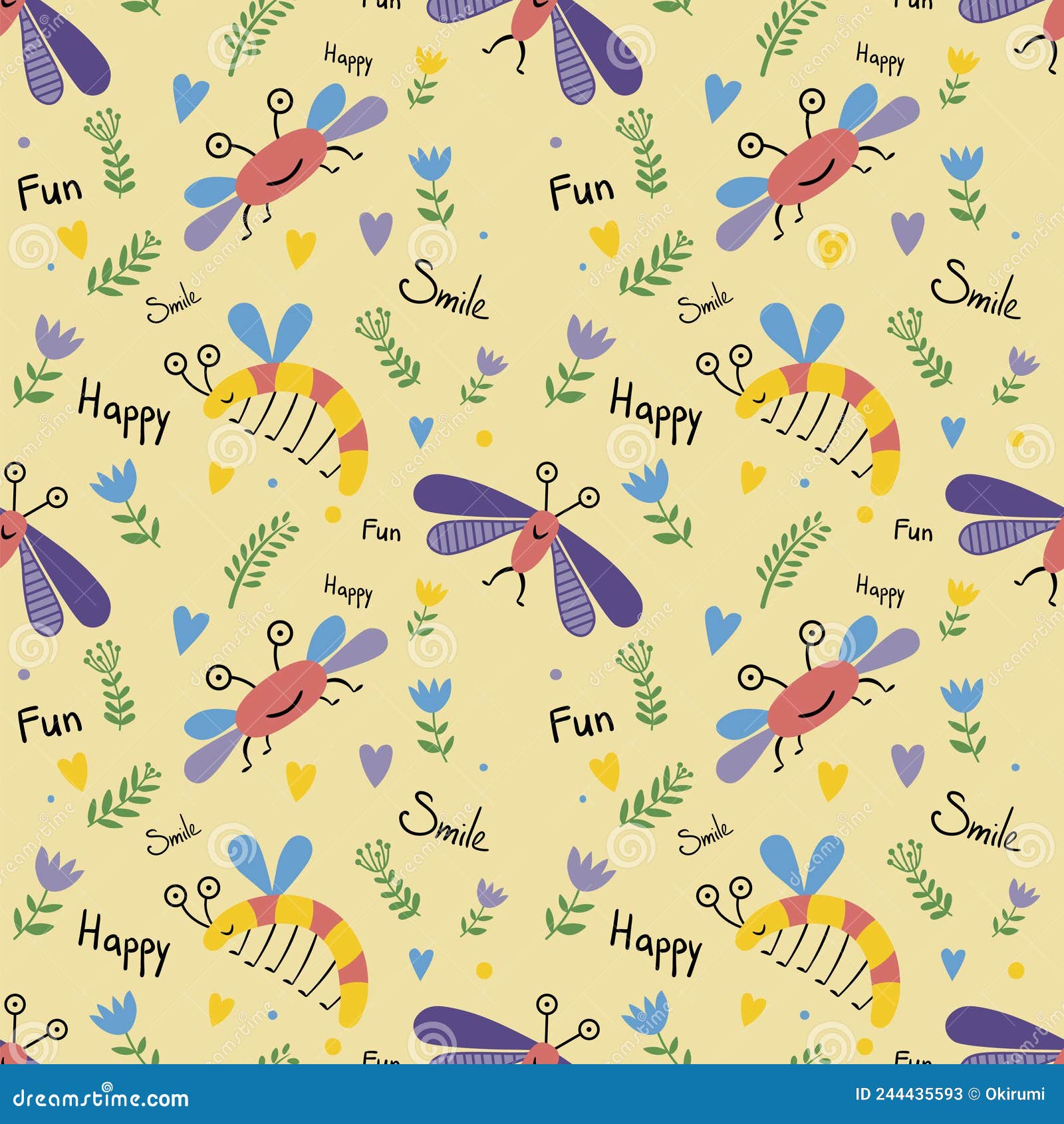 seamless pattern funny insects on yellow