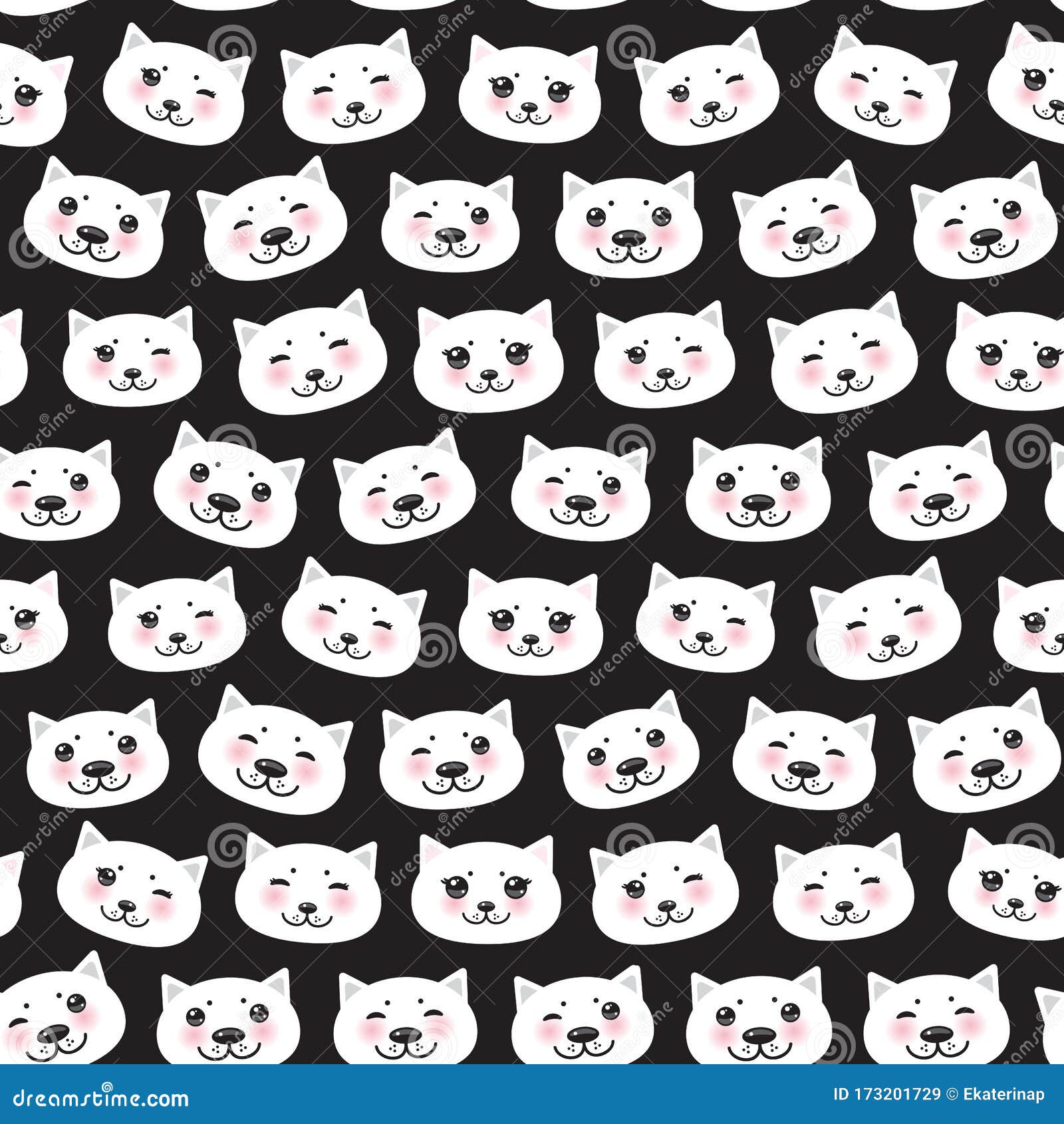 Seamless Pattern Funny Kawaii White Cat Face with Pink Cheeks, Black  Background. Can Be Used for Greeting Card Design, Gift Wrap, Stock Vector -  Illustration of animal, emotion: 173201729