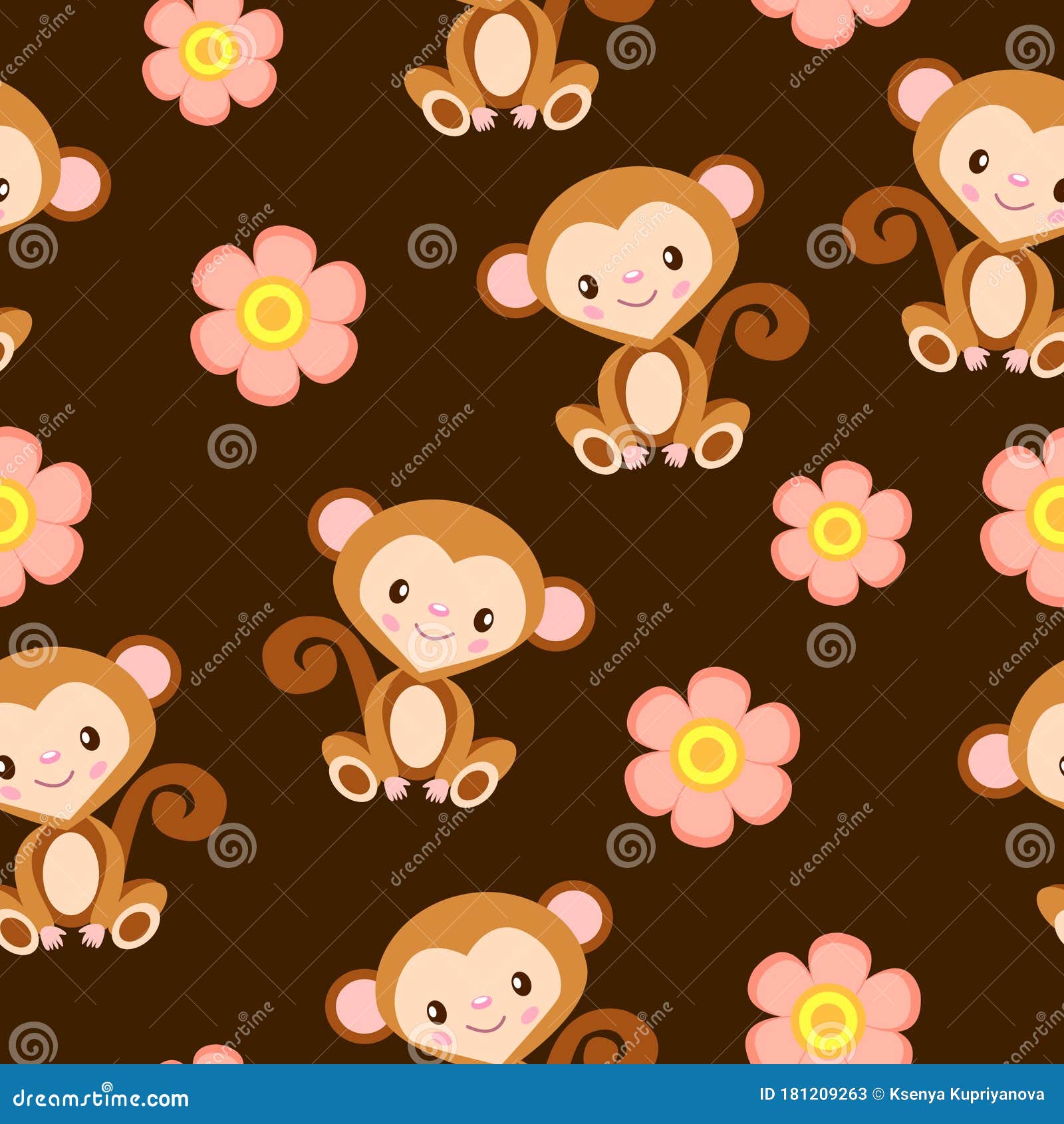 Seamless Pattern with Funny Monkey and Pink Flower Stock Vector -  Illustration of funny, ornament: 181209263