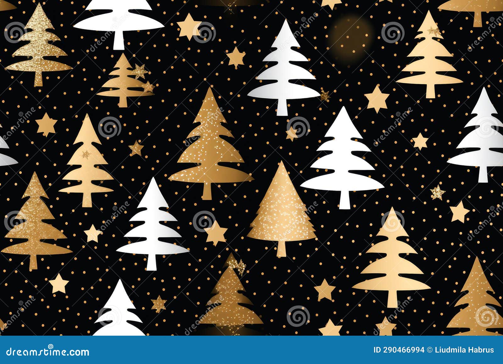 Seamless Pattern with Gold Christmas Trees on a Black Background. Stock