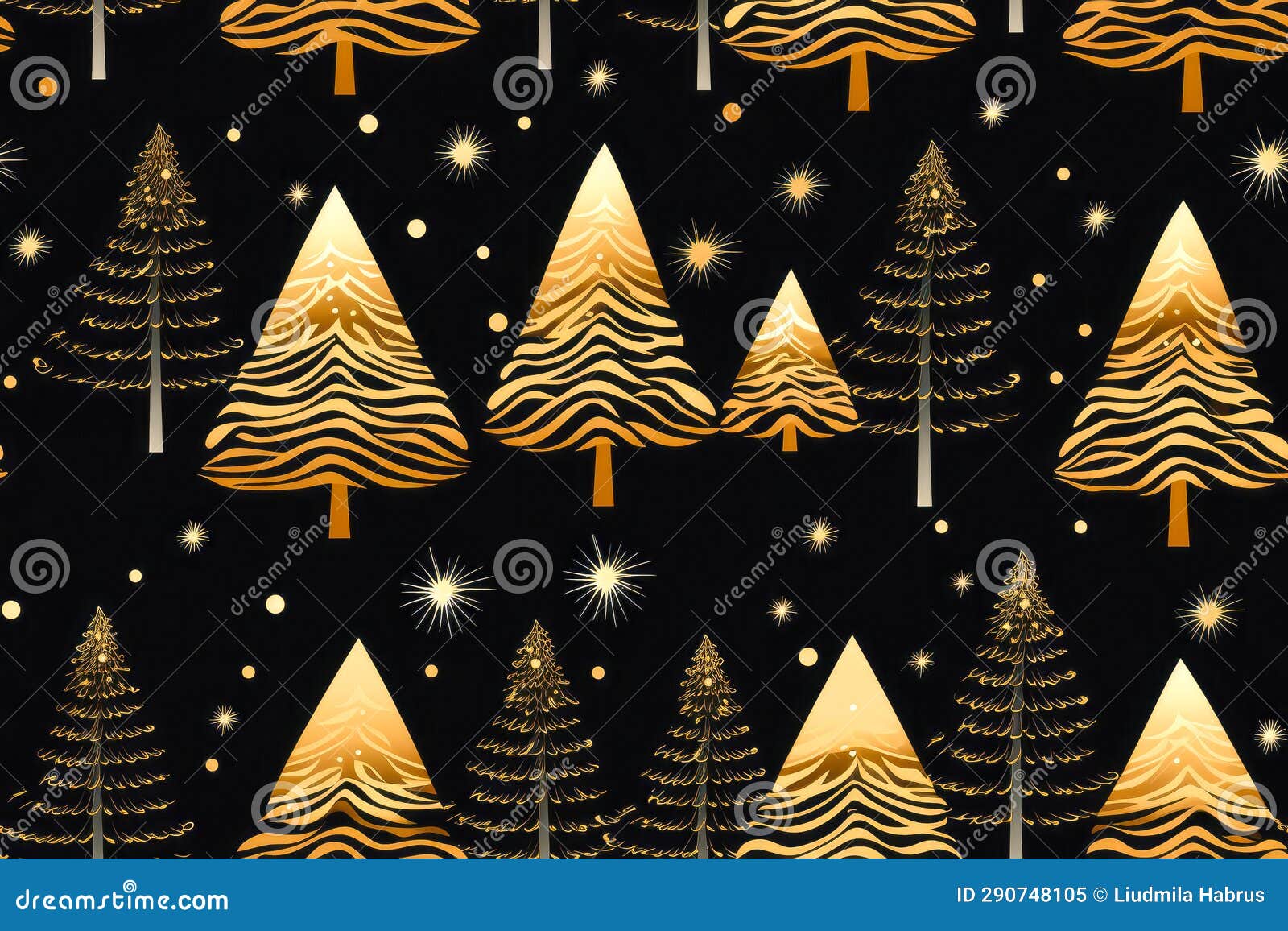 Seamless Pattern with Gold Christmas Trees on a Black Background. Stock