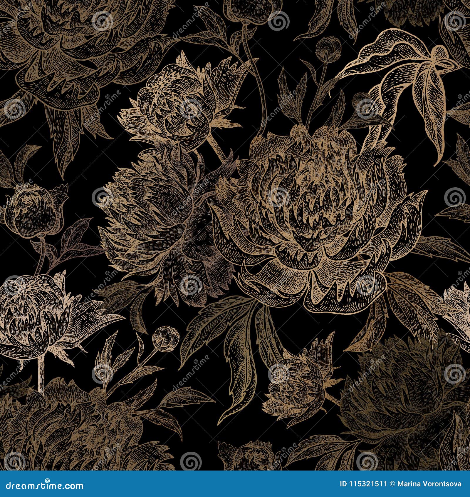 Seamless Pattern with Gold Peony on a Black Background. Stock Vector -  Illustration of korean, cover: 115321511