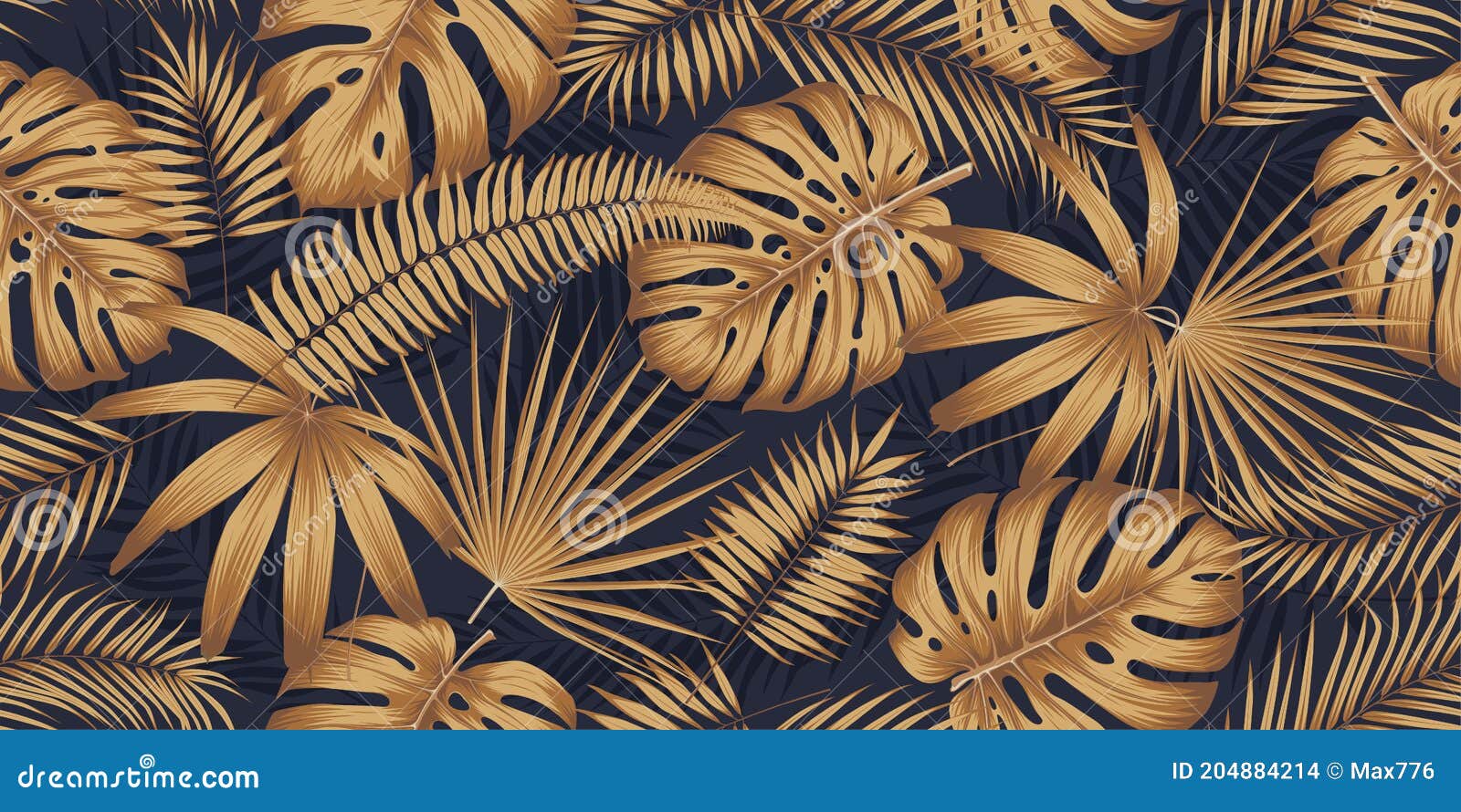 seamless pattern with golden leaves monsters and tropical plants on a dark background, exotic botany  collage style, luxury
