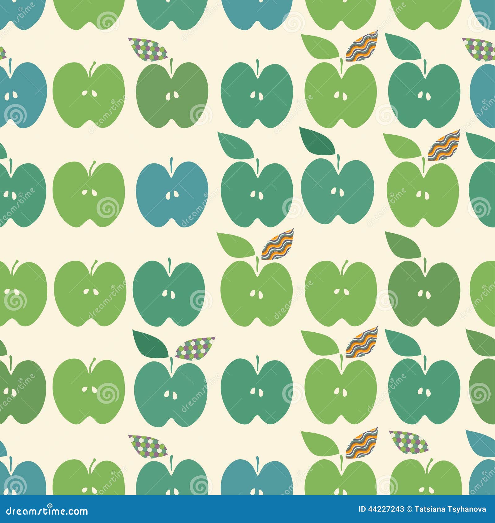 Seamless Pattern. Green Apples in Hipster Style on Mint Background. Vector Illustration. Stock