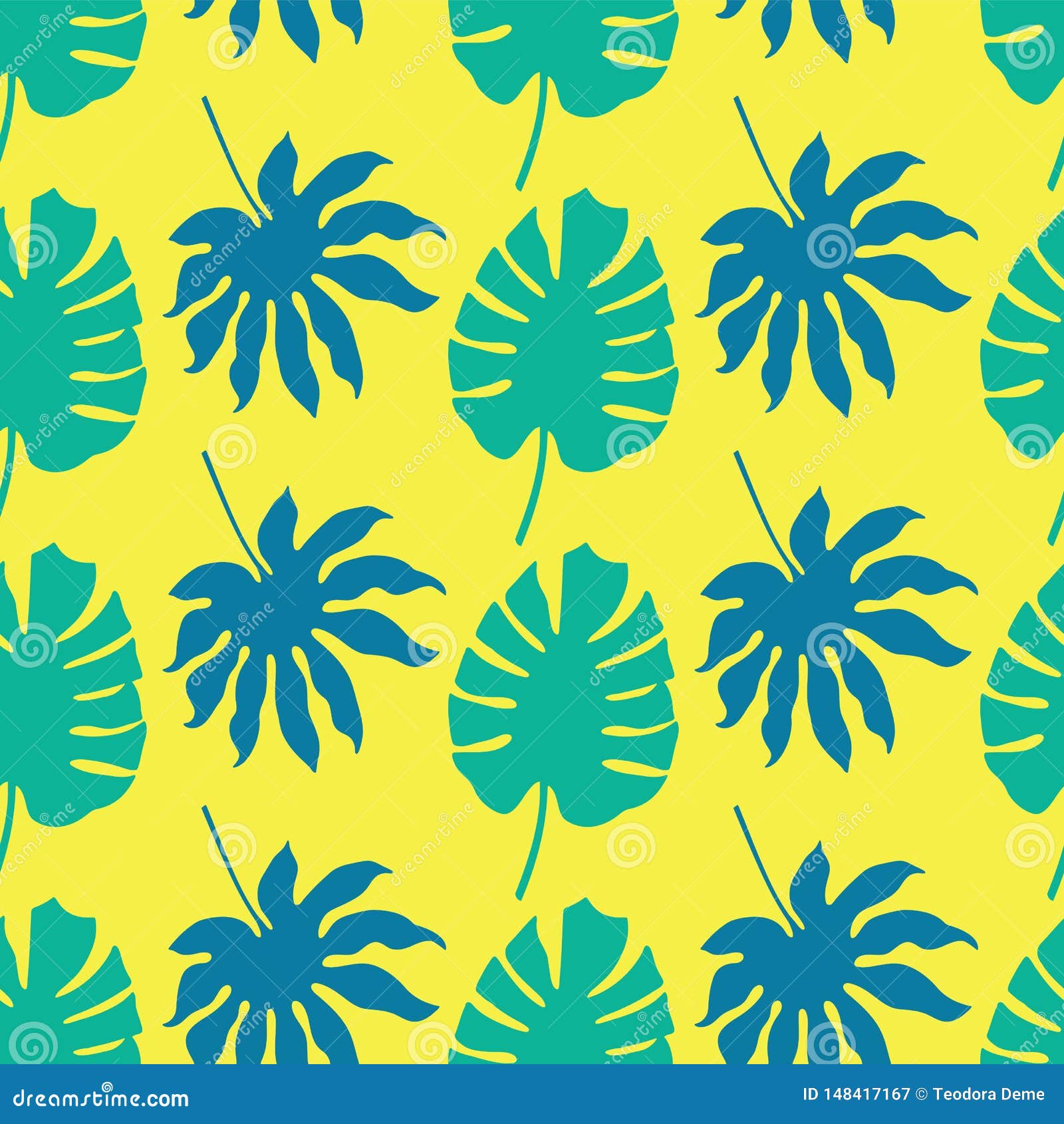Vector Seamless Pattern Background with Green and Blue Tropical Leaves on Neon  Yellow Background Stock Vector - Illustration of branch, pattern: 148417167