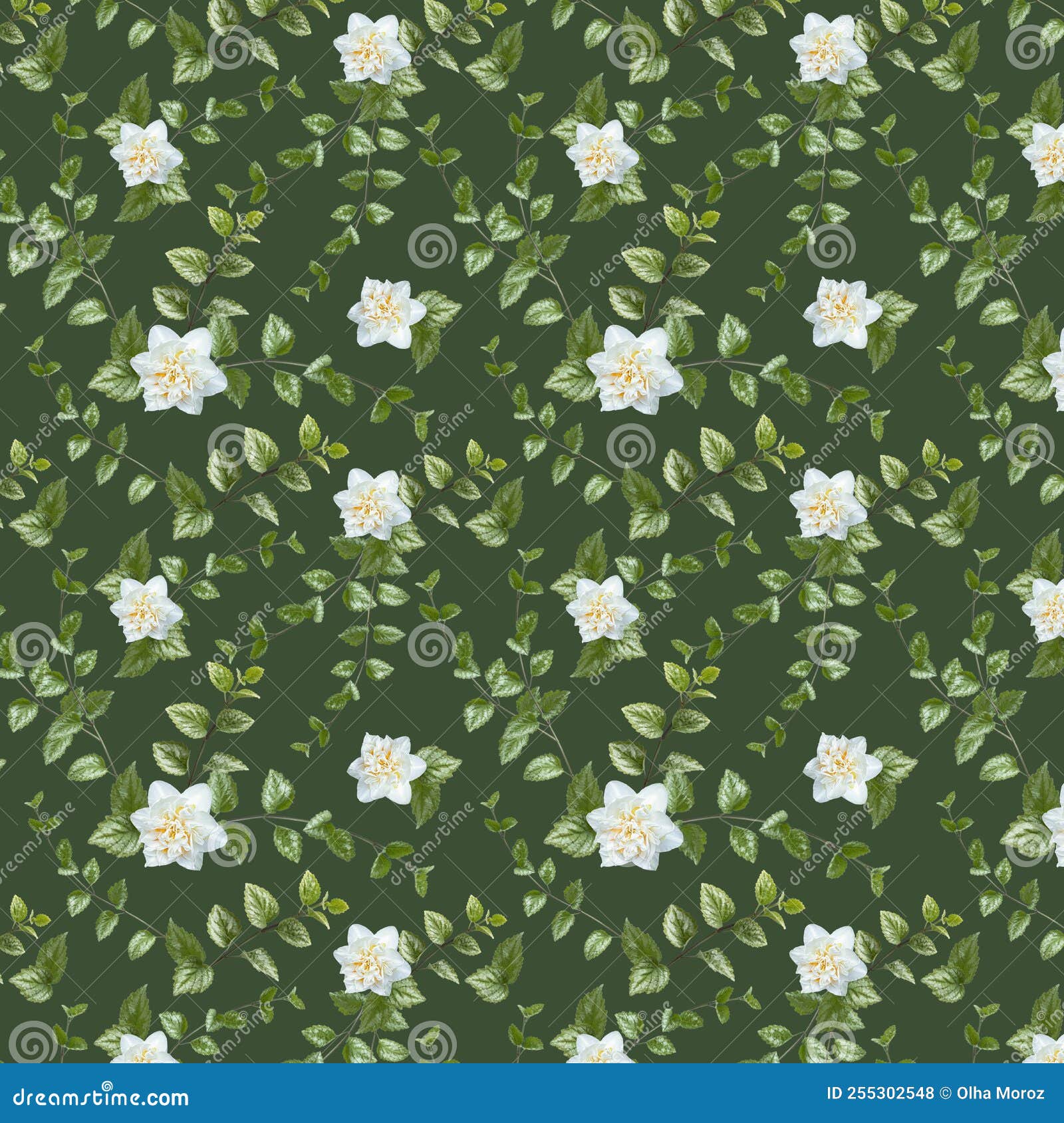 Seamless Pattern with Green Branches and White Flowers on a Green