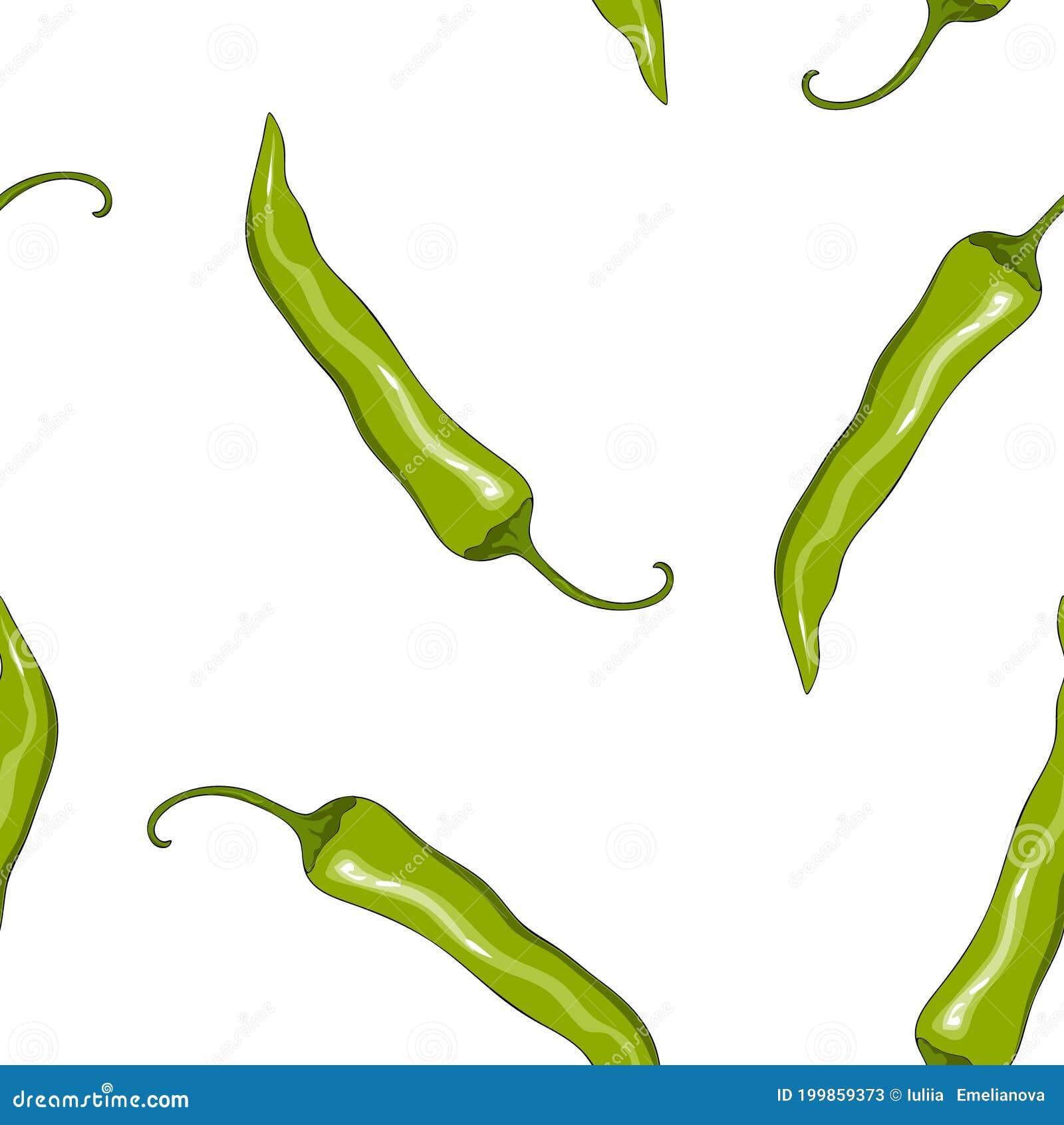 Seamless Pattern Green Chilli Pepper. Peppers Background. Hand Drawing
