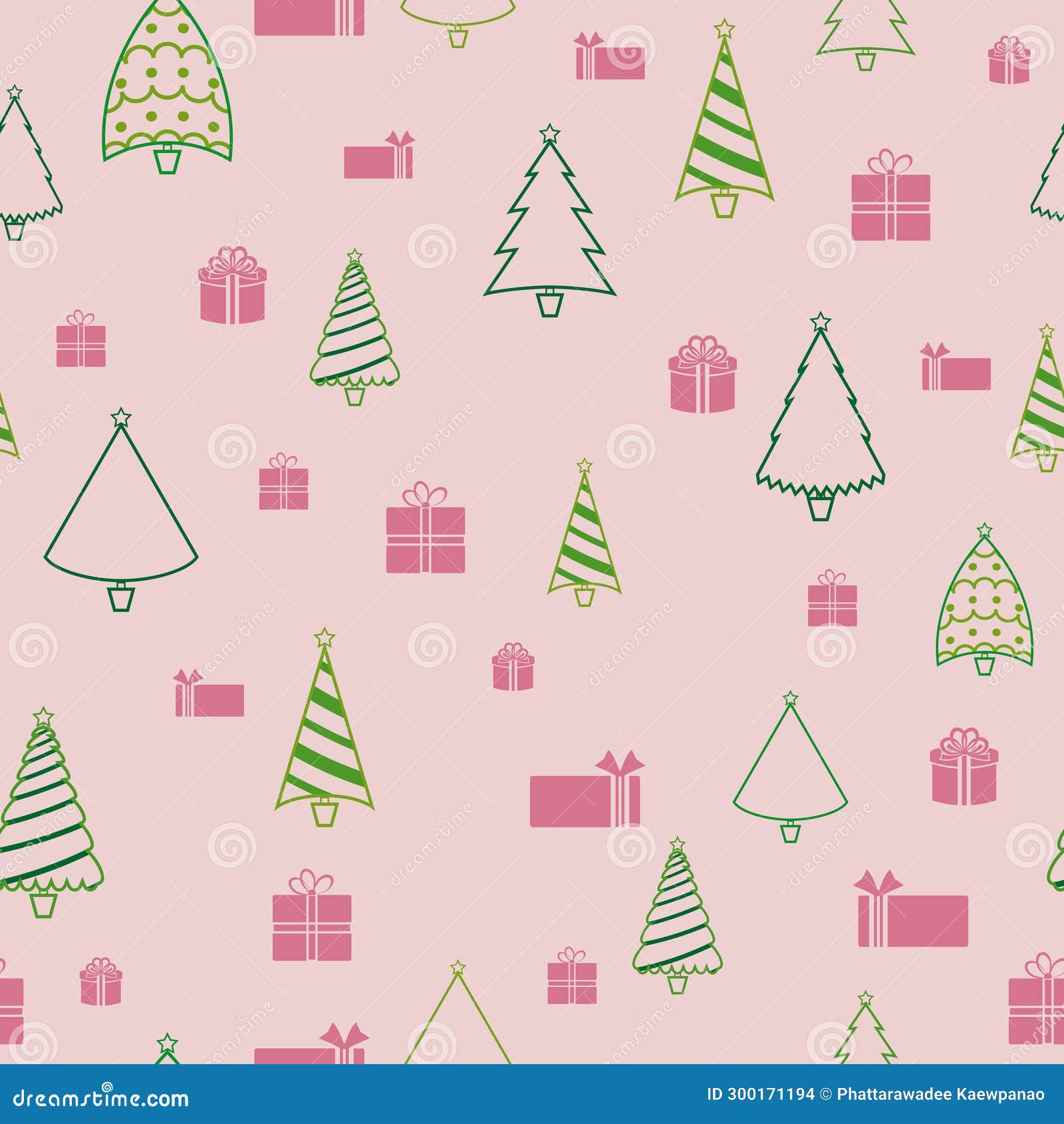 Seamless Pattern Green Tree and Pink Gift Box with Christmas Ornament