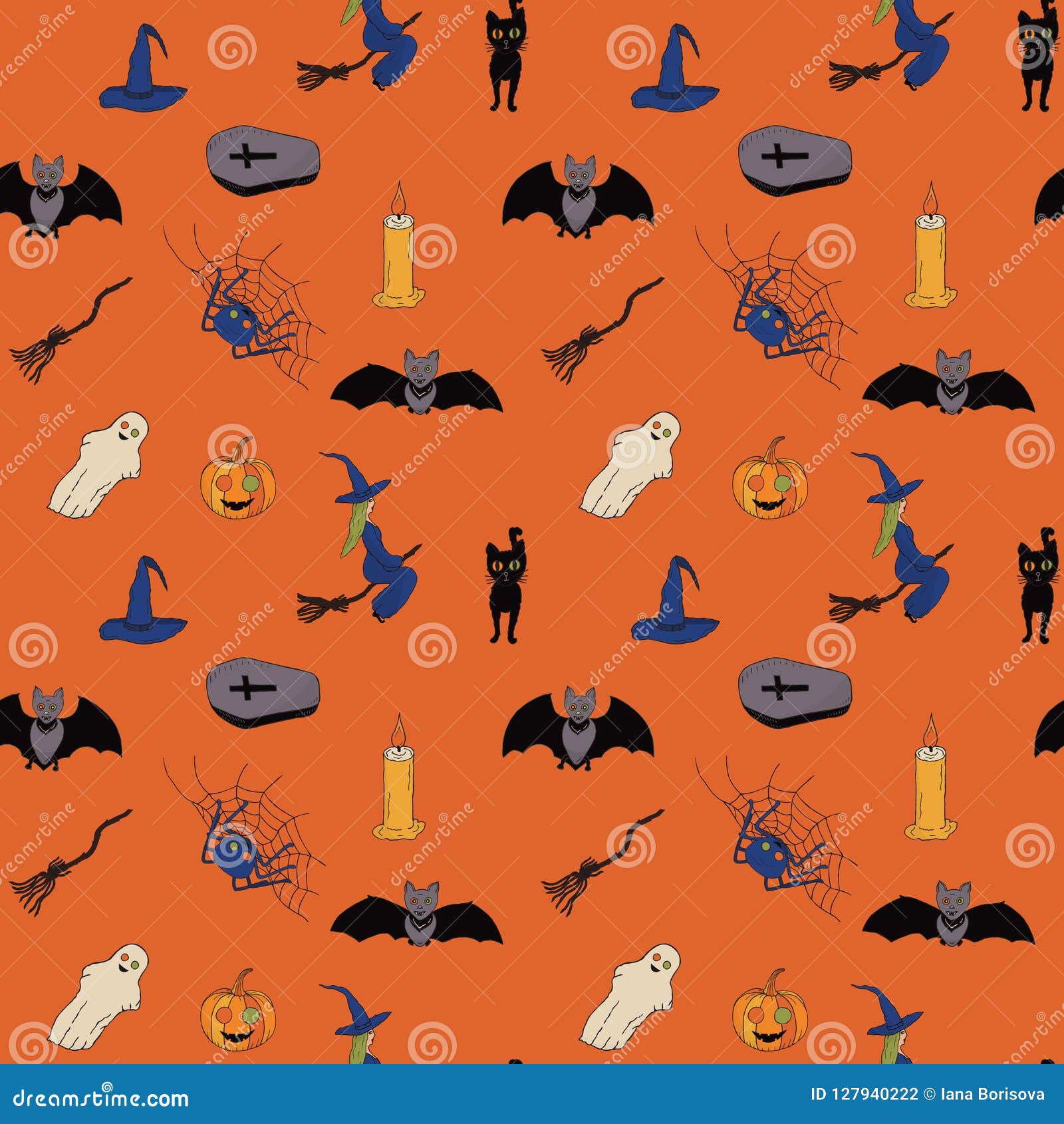Seamless Pattern for Halloween. Hand Drawing. Orange Background. Vector