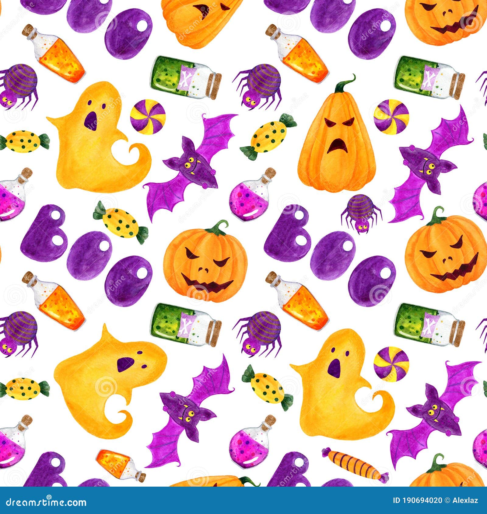 Seamless Pattern of Halloween Watercolor, Purple and Orange and Green ...