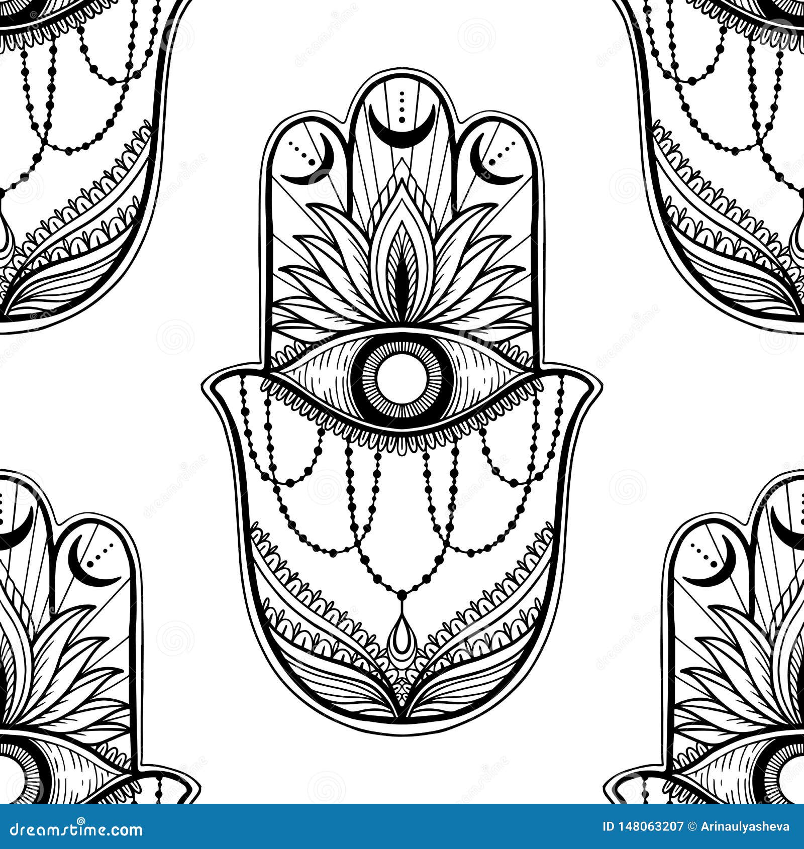 Seamless Pattern Hamsa Talisman Religion Asian. Black Color Graphic in ...