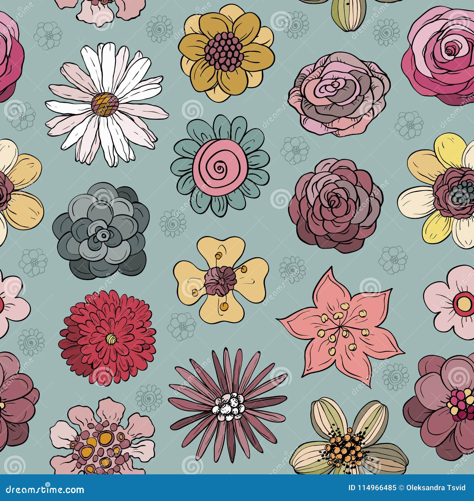 Seamless Pattern with Hand Drawing Flowers and Plants in Sketch Style