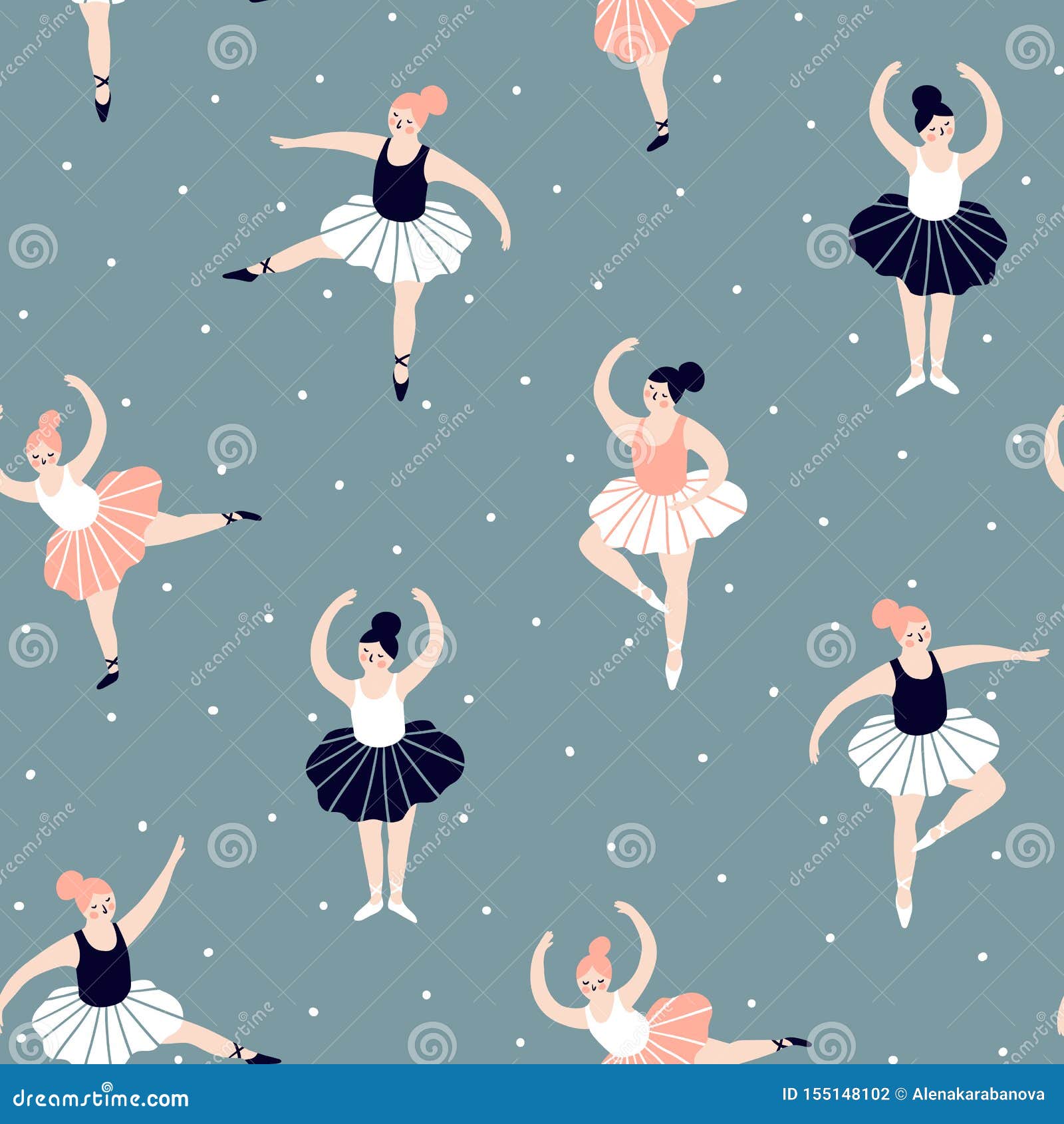 Seamless Pattern with Hand Drawn Ballerinas. Cute Dancing Girls Isolated on  the Polka Dots Blue Background Stock Illustration - Illustration of happy,  card: 155148102