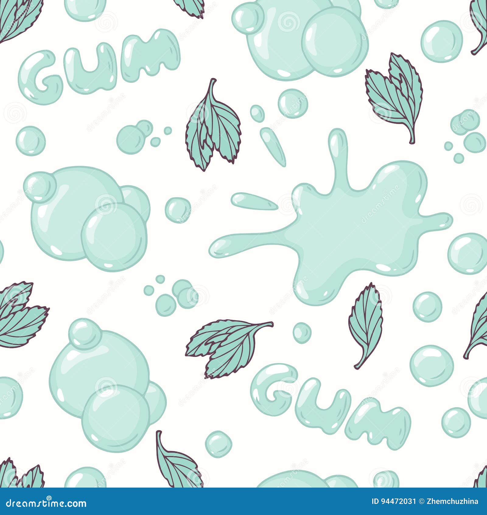 Seamless Pattern with Hand Drawn Bubble Gum. Mint Flavor Stock Vector