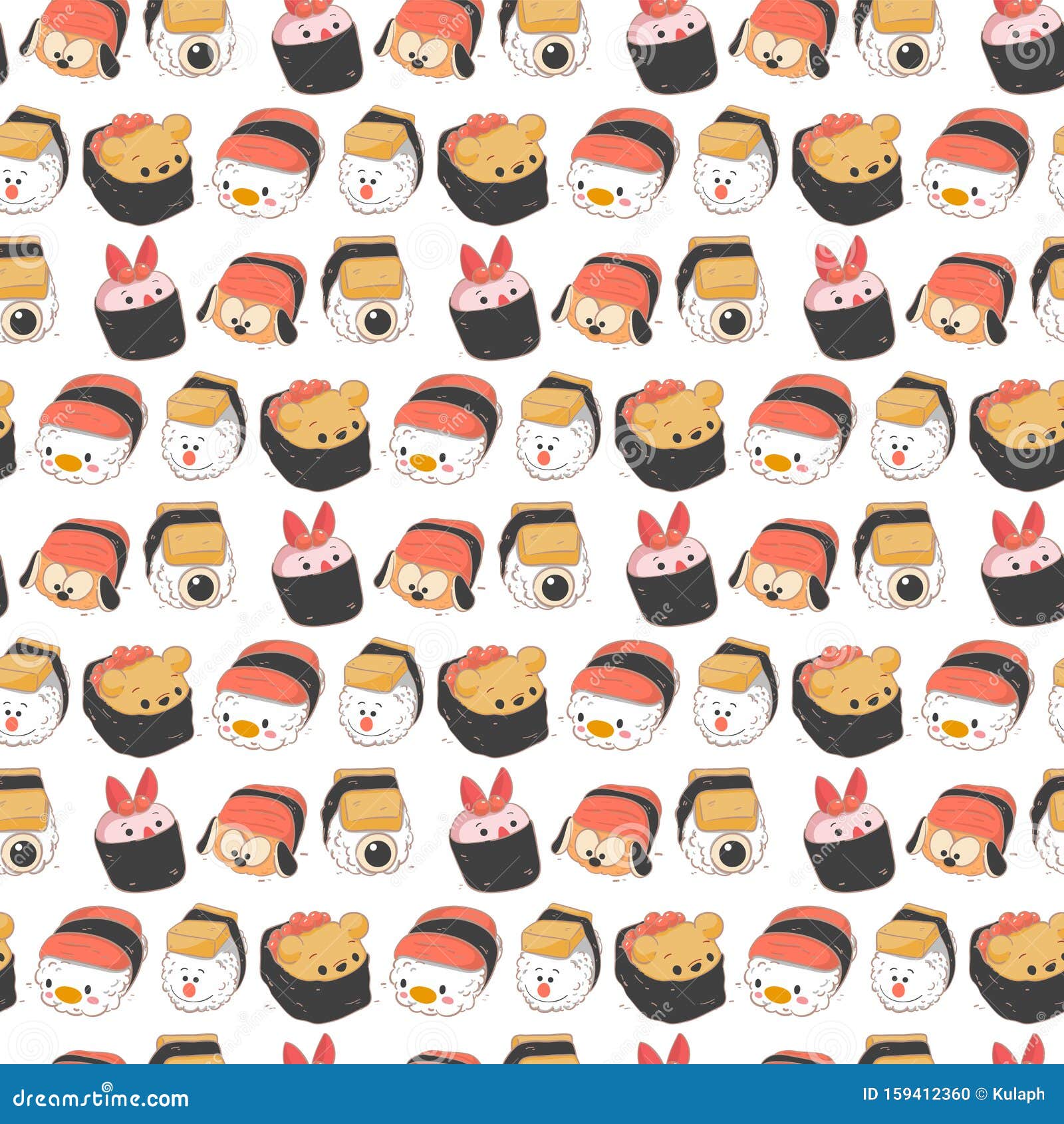 Seamless Pattern Hand Drawn With Cartoon Sushi Rolls Stock Vector