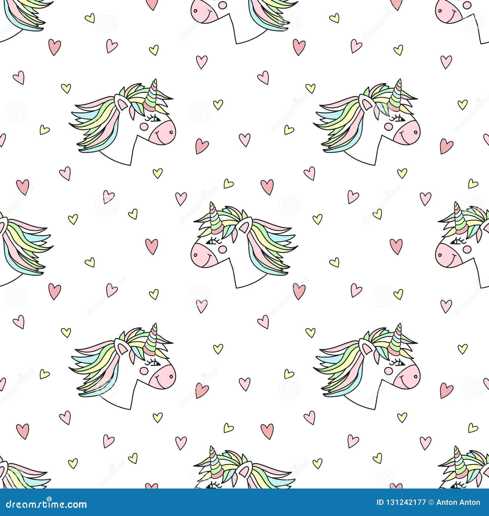 seamless pattern of hand-drawn cartoons cute unicorns with hearts.  background image for holiday, baby shower, prints, wrapp