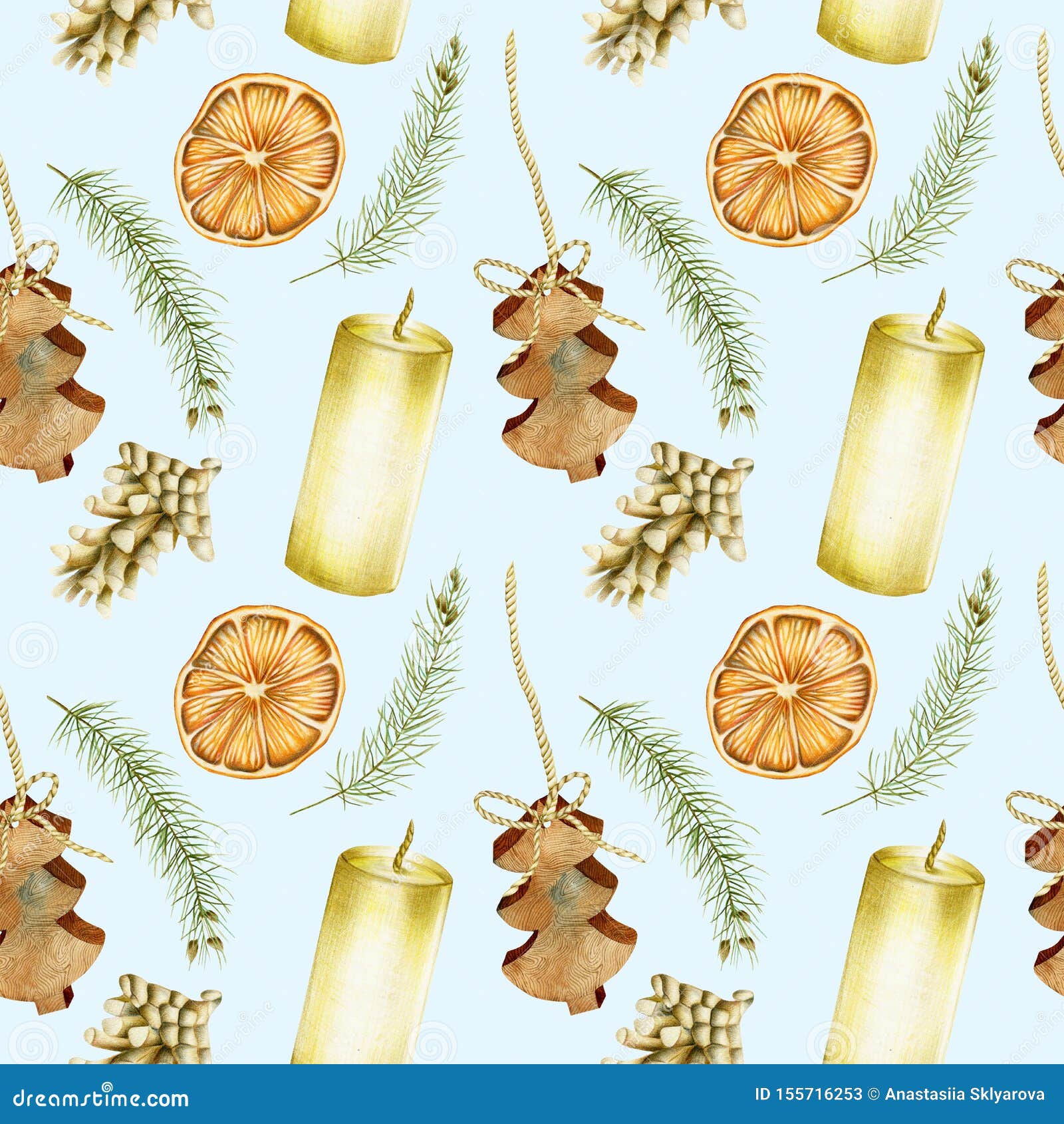 seamless pattern of hand drawn christmas s candles, branches of spuce, fir cones, dried orange