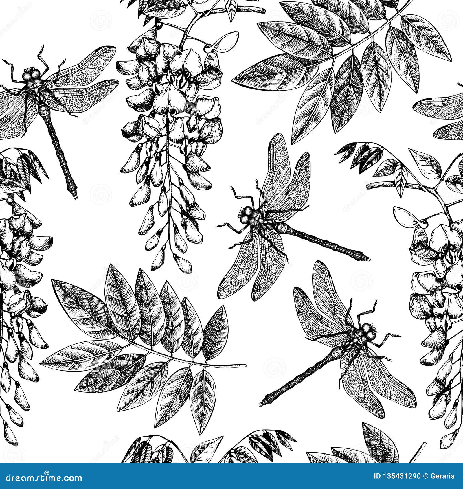 seamless pattern with hand drawn dragonfly and wisteria flowers.  insects sketch. vintage spring background. botanical illus