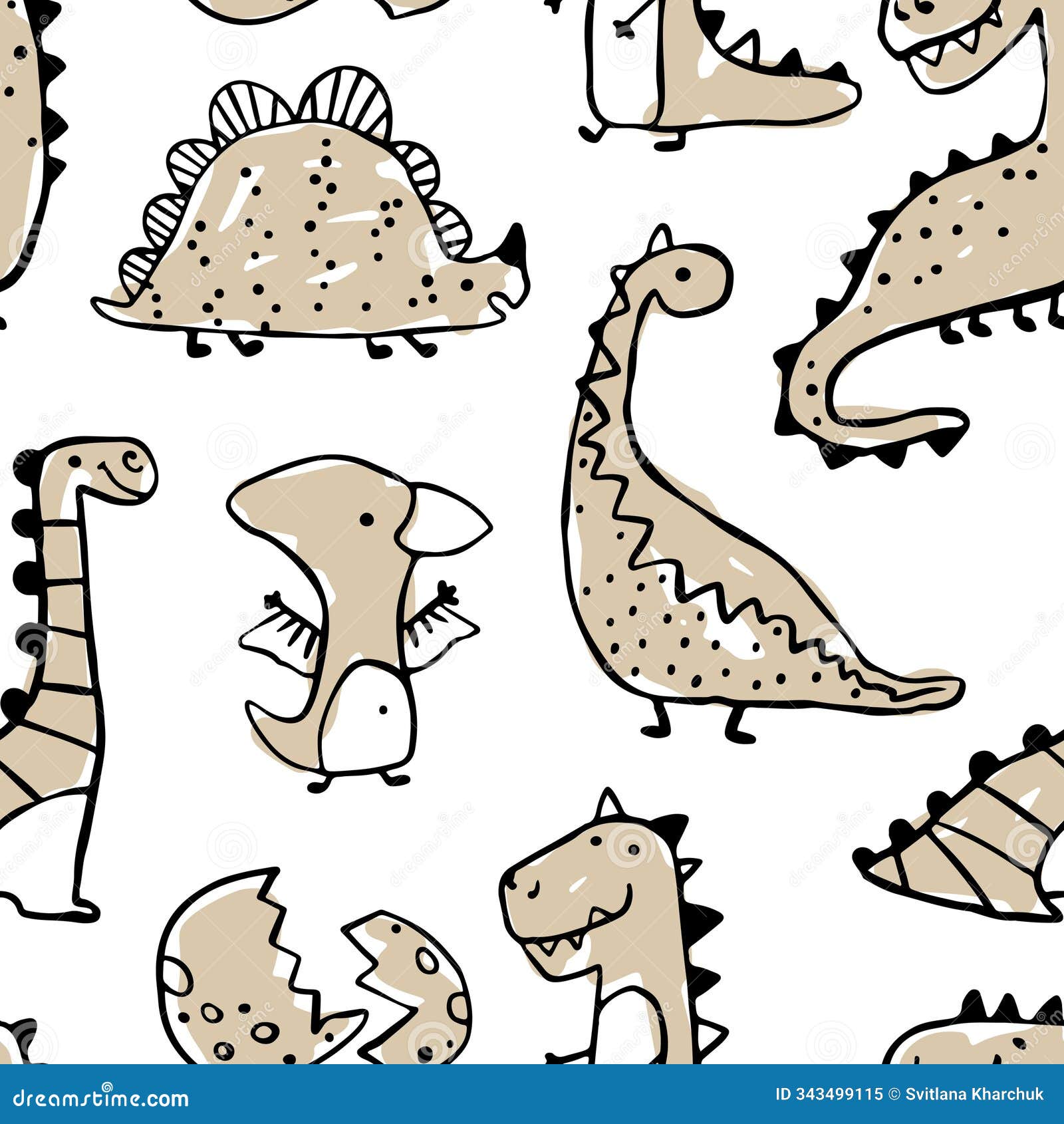 seamless pattern with hand-drawn dinosaurs. black outlines with beige coloring on a white background, creating a playful