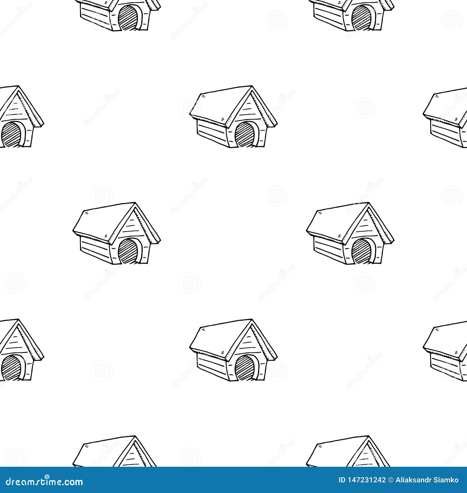 Seamless Pattern Hand Drawn Dog House Doodle. Sketch Style