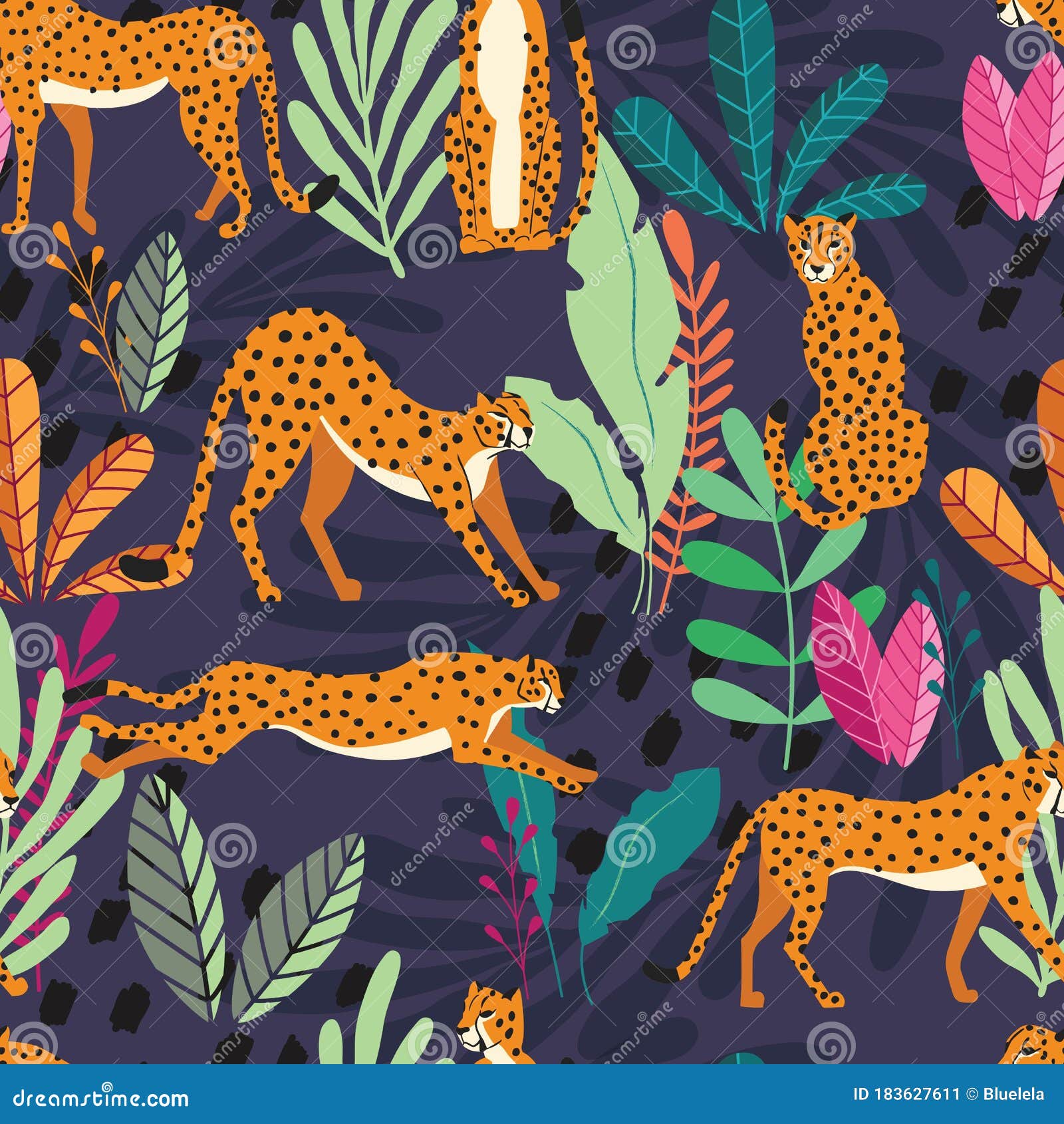 seamless pattern with hand drawn exotic big cat cheetahs, with tropical plants and abstract s on dark purple background