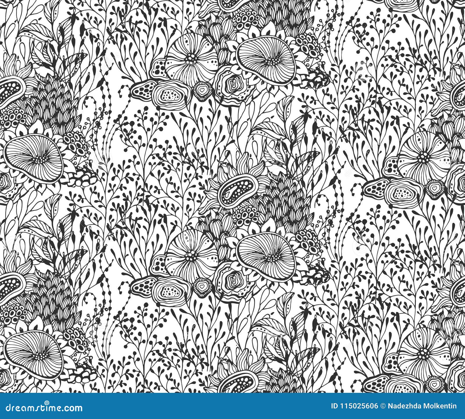 seamless pattern with hand drawn floral fantasy motif