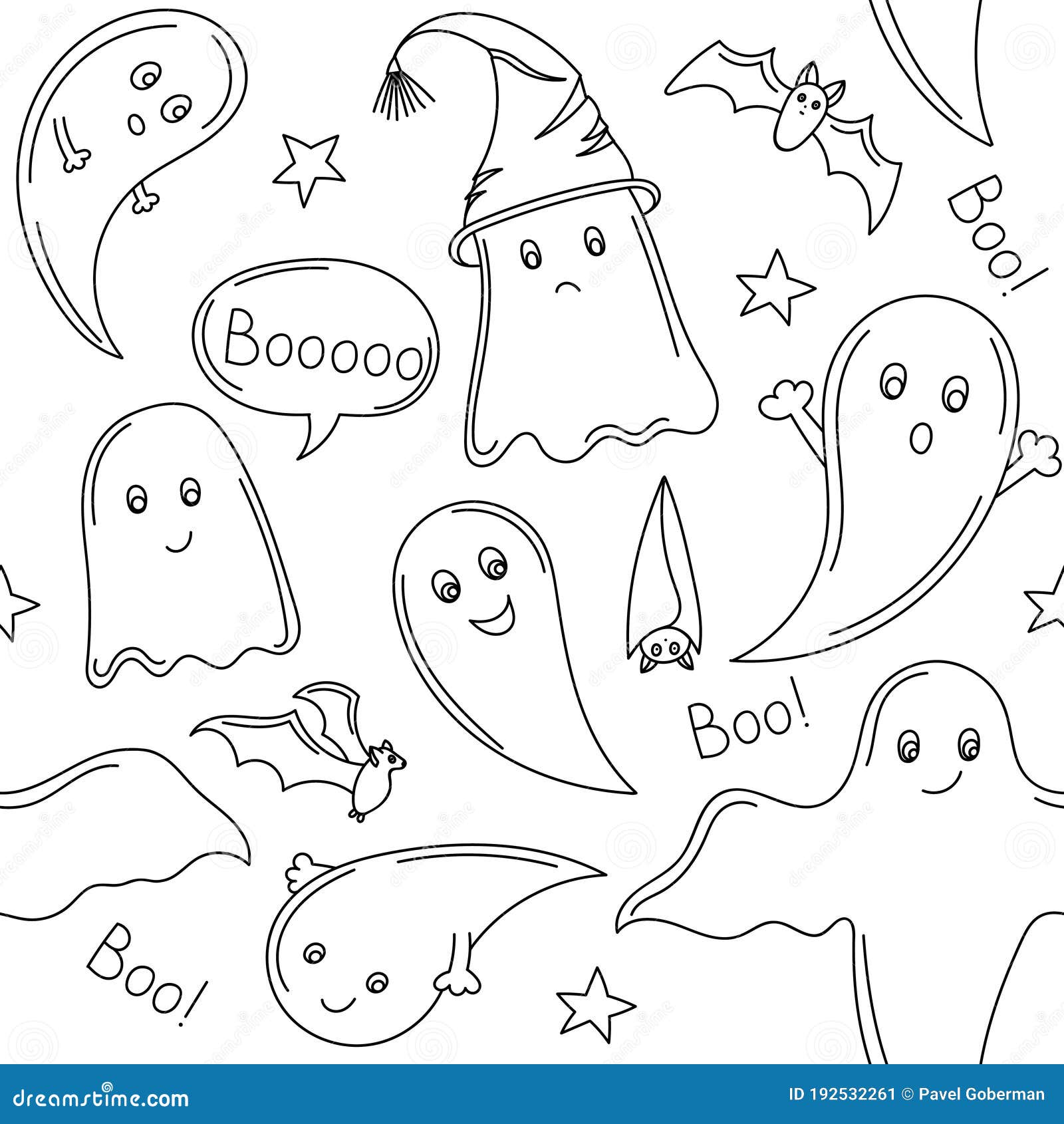 Seamless Pattern With Hand Drawn Halloween Ghosts, Bat, Vector. Doodle