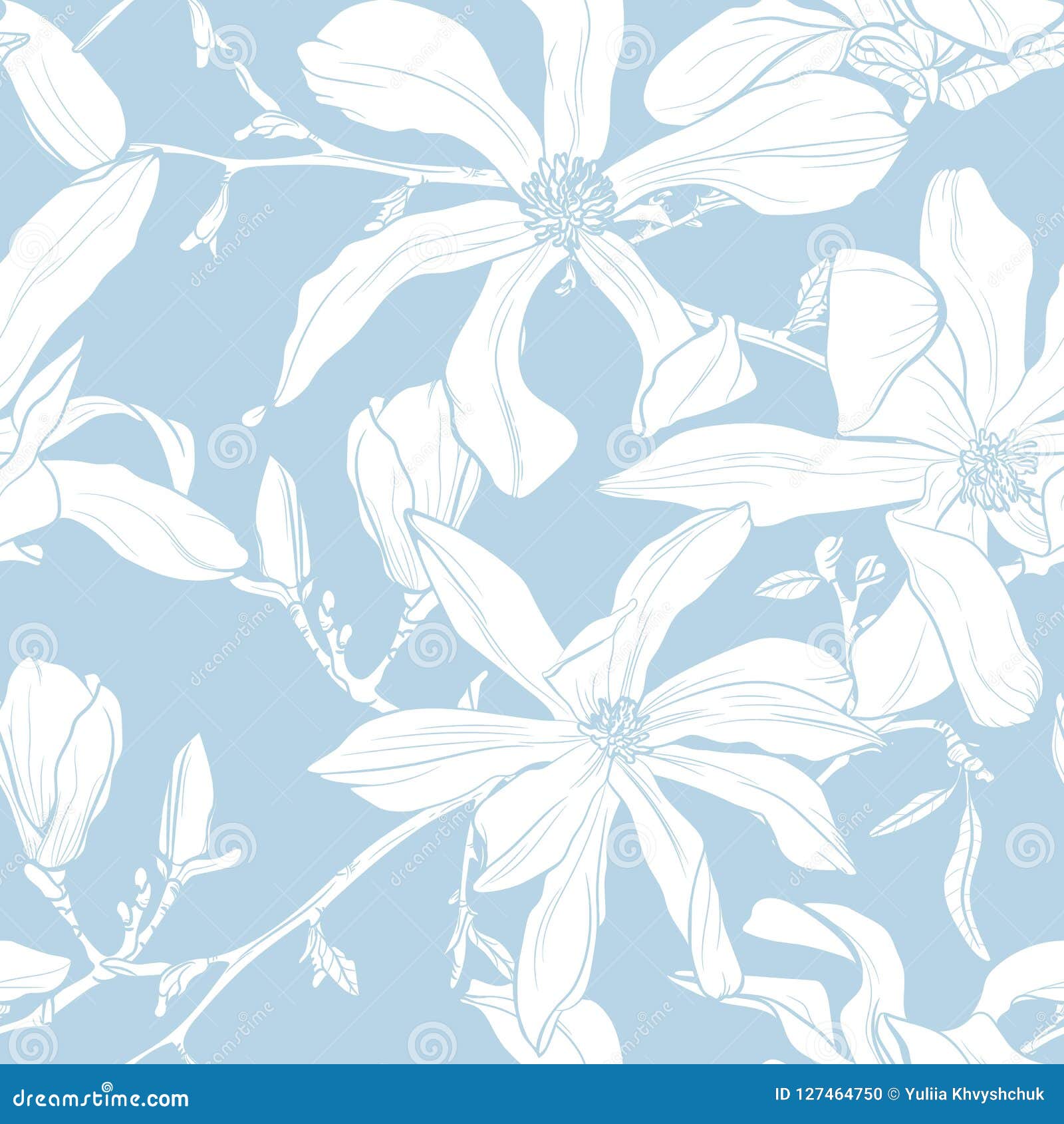 Seamless Pattern with Hand Drawn Magnolia Flower. Vector Illustration