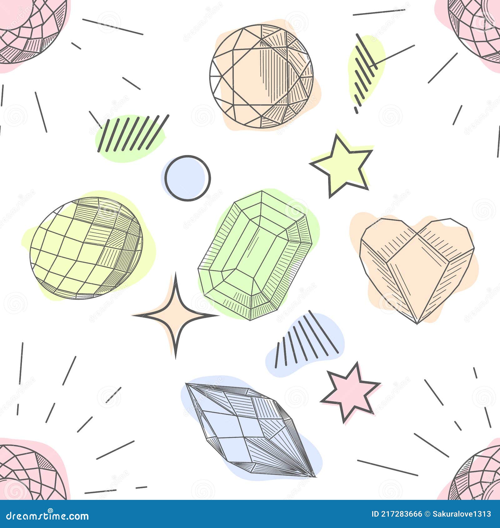seamless pattern of hand drawn semiprecious stones. trendy hipster retro background, pattern of cut s