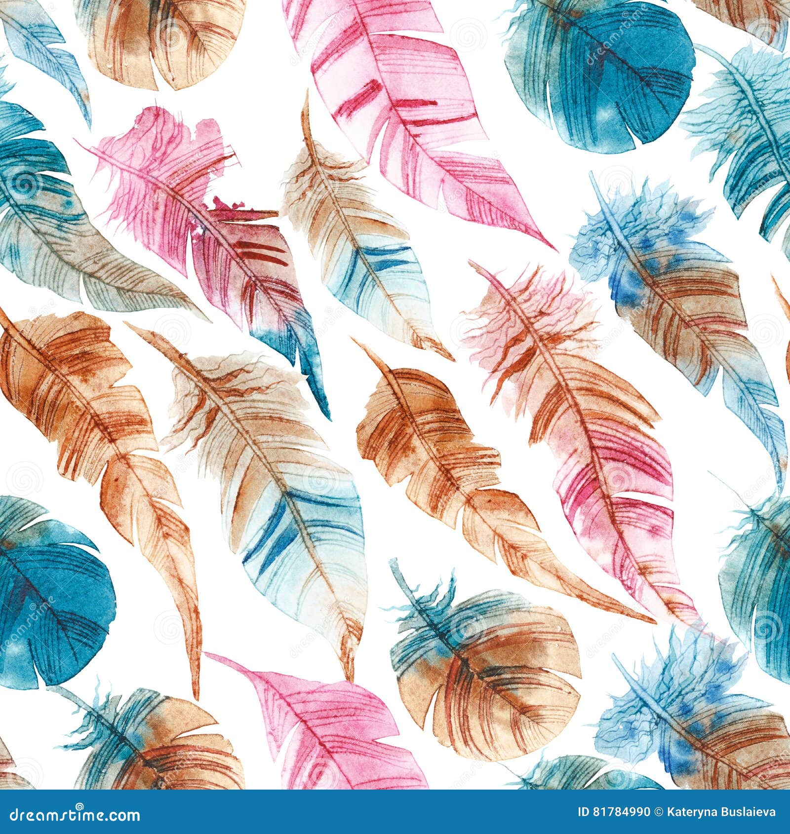 seamless pattern of hand drawn watercolor feather