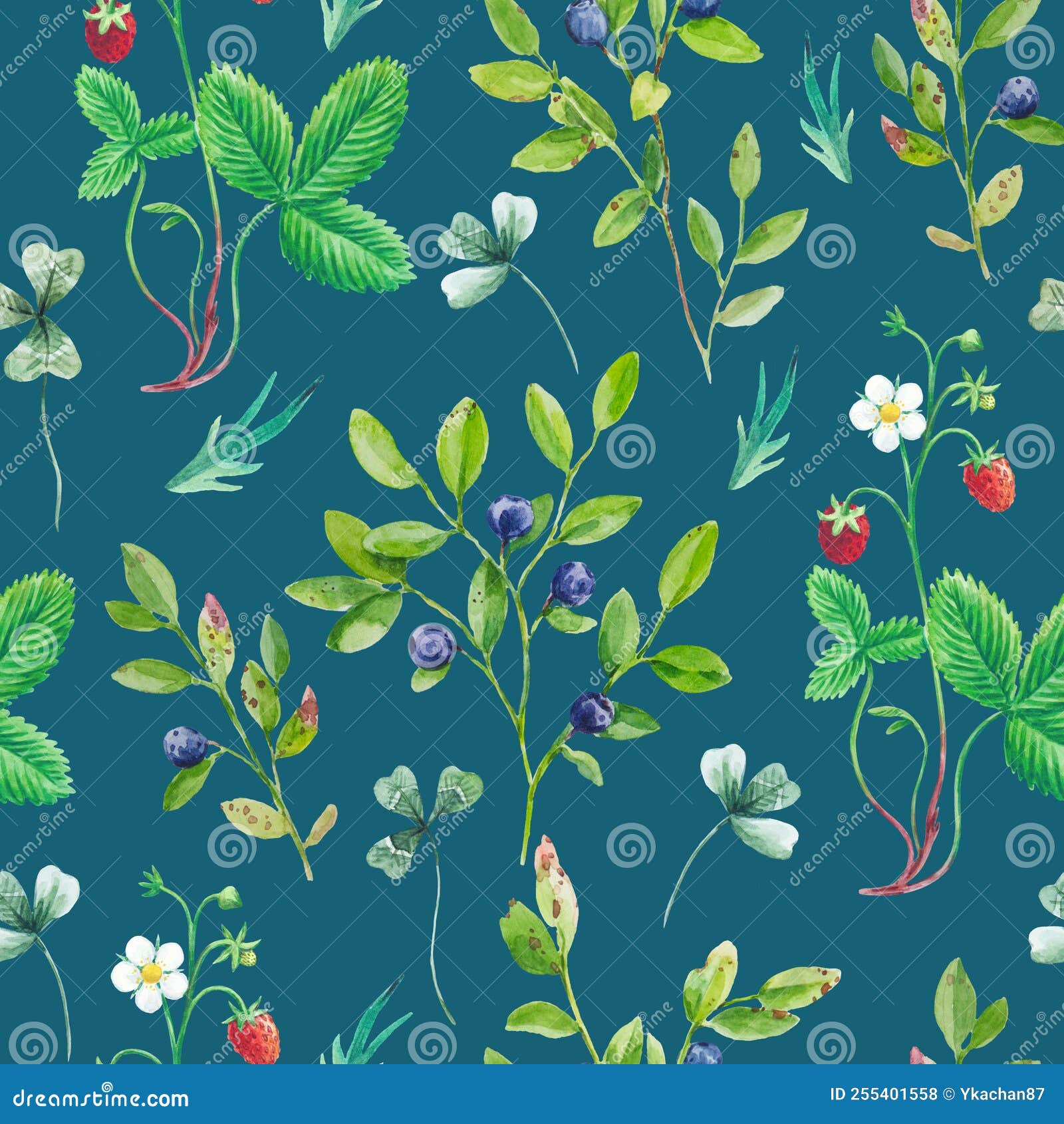 Seamless Pattern with Hand Drawn Wild Berries, Blueberry and Strawberry