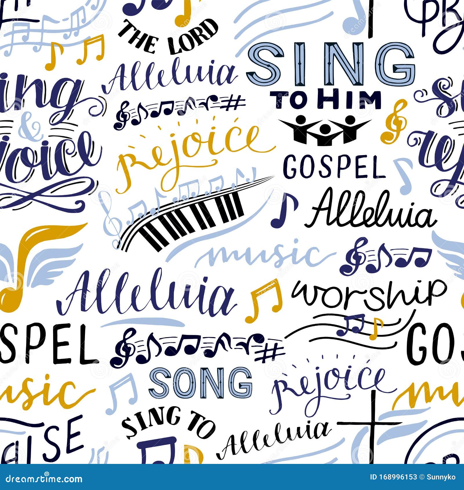 seamless pattern with hand lettering words sing to the lord, alleluia, rejoice, song, gospel music