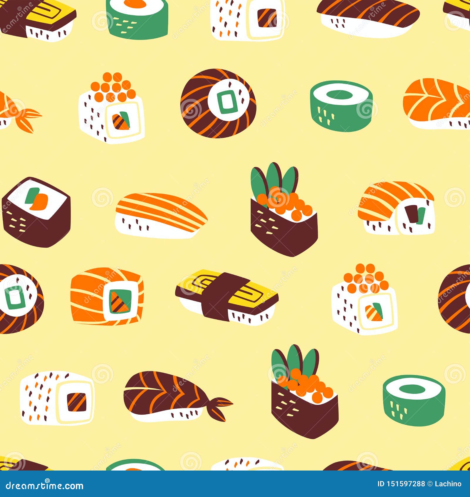 Vector Seamless Pattern with Different Types of Sushi and Rolls Stock ...