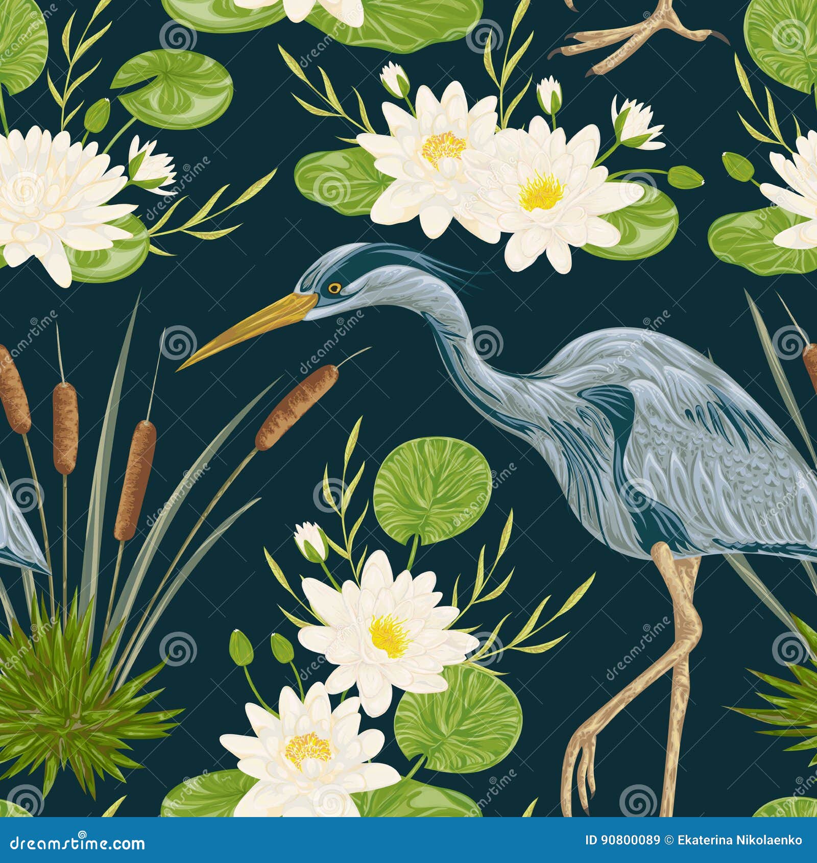 seamless pattern with heron bird, water lily and bulrush. swamp flora and fauna