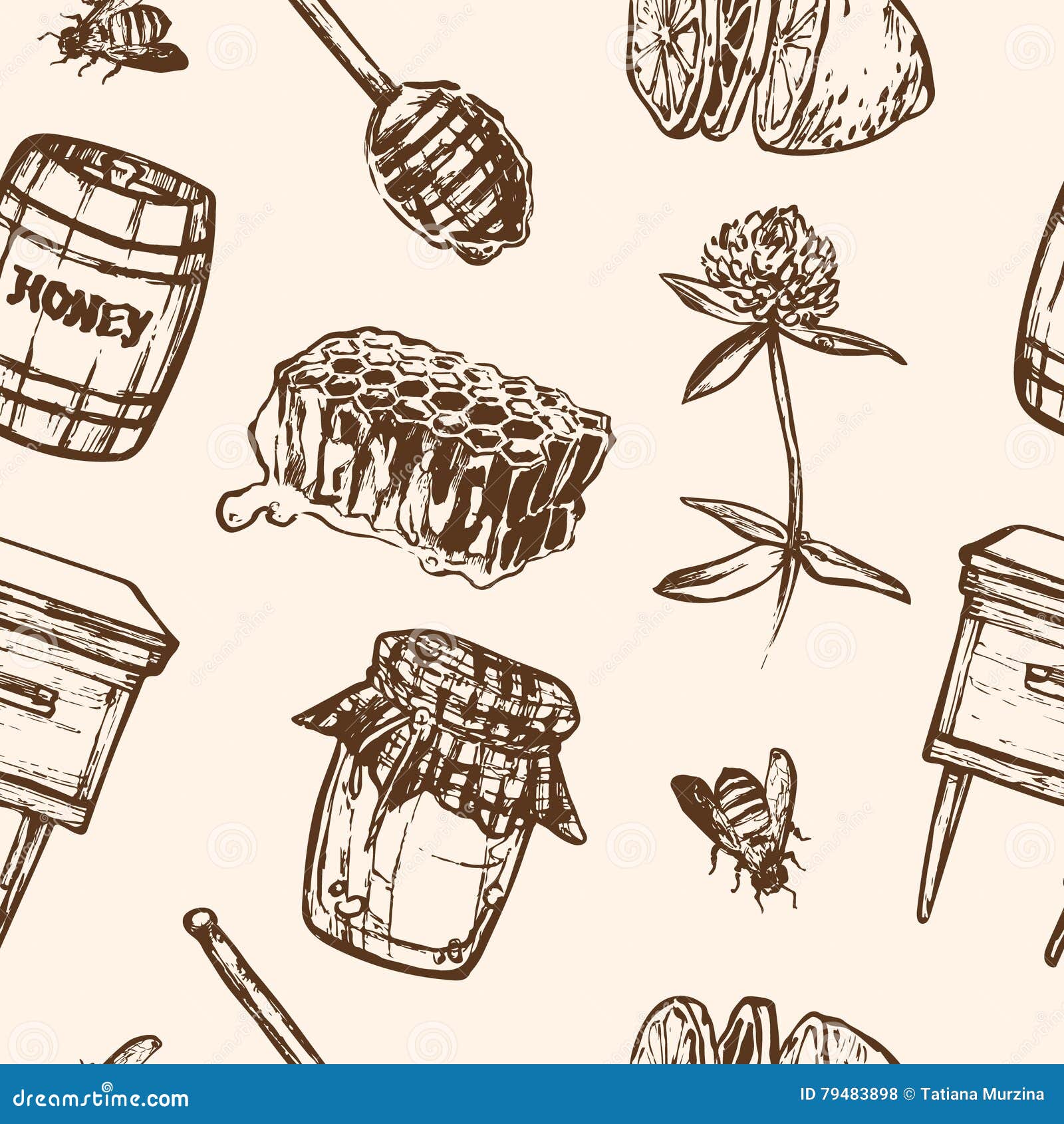 seamless pattern with honey s. jar, spoon, stick, cells, clover, beehive, bee, lemon, keg.