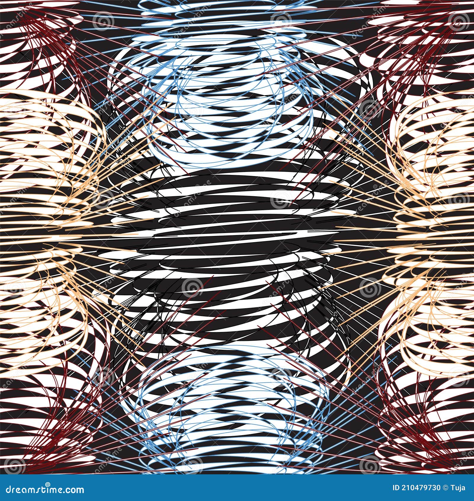 seamless pattern with horizontal and vertial rows of ovals and rays in white, orange, blue, brown, black colors on black