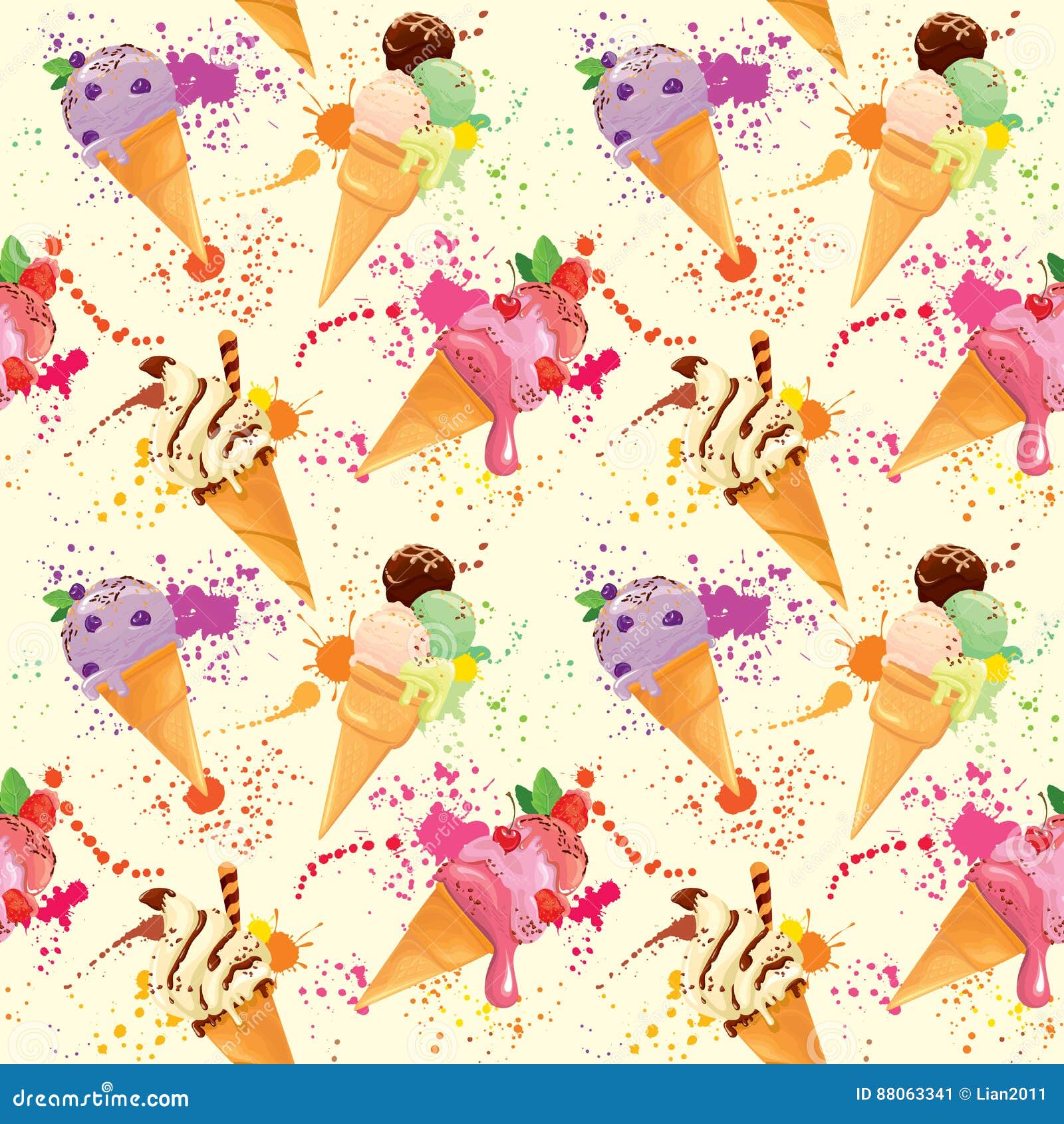 Seamless Pattern with Ice Cream Cones with Glaze, Chocolate Stock ...