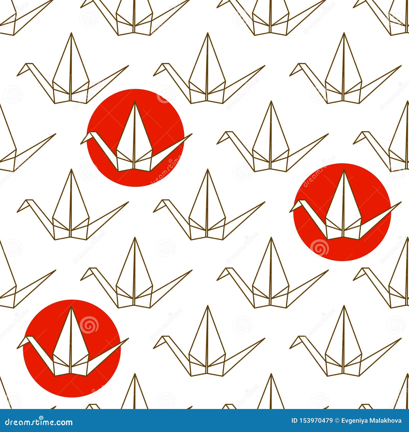 seamless pattern with japanese origami cranes and red circles on white background