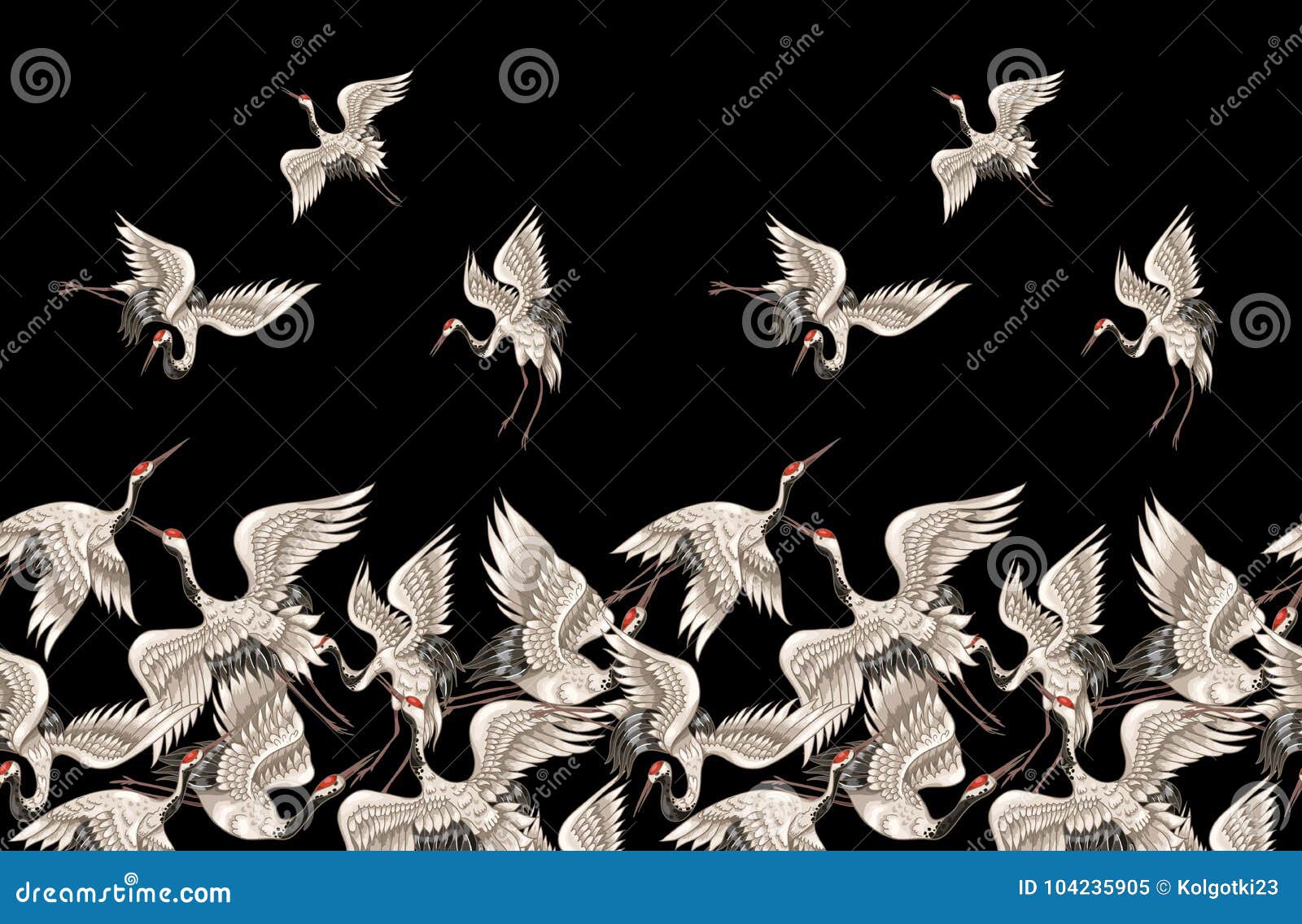 seamless pattern with japanese white cranes in different poses for your  embroidery, textiles, printing