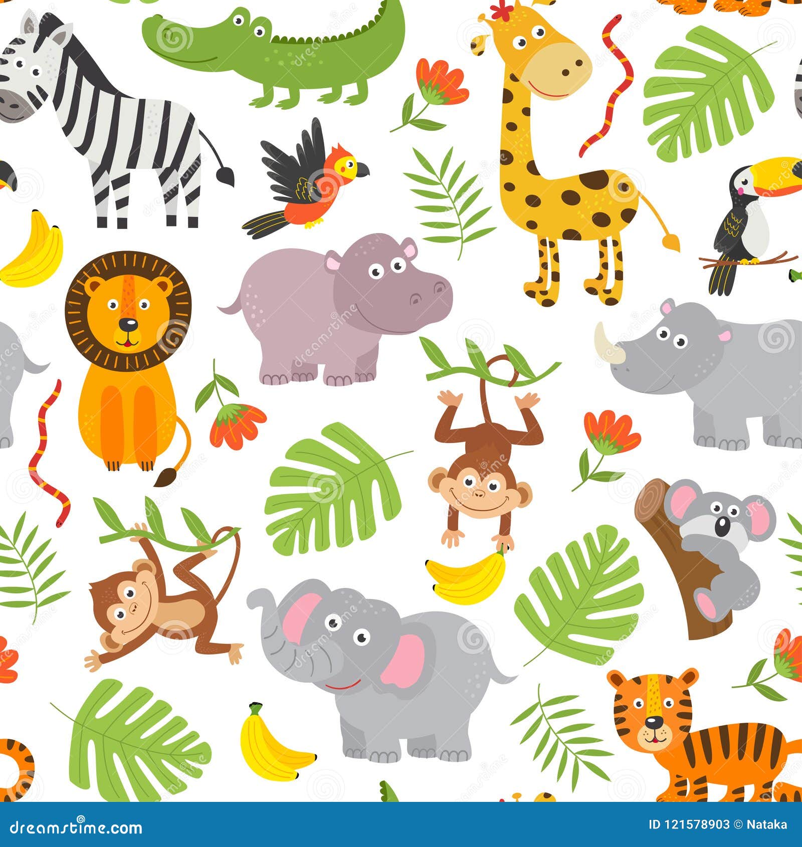 Seamless Pattern Jungle Animals on White Background Stock Vector