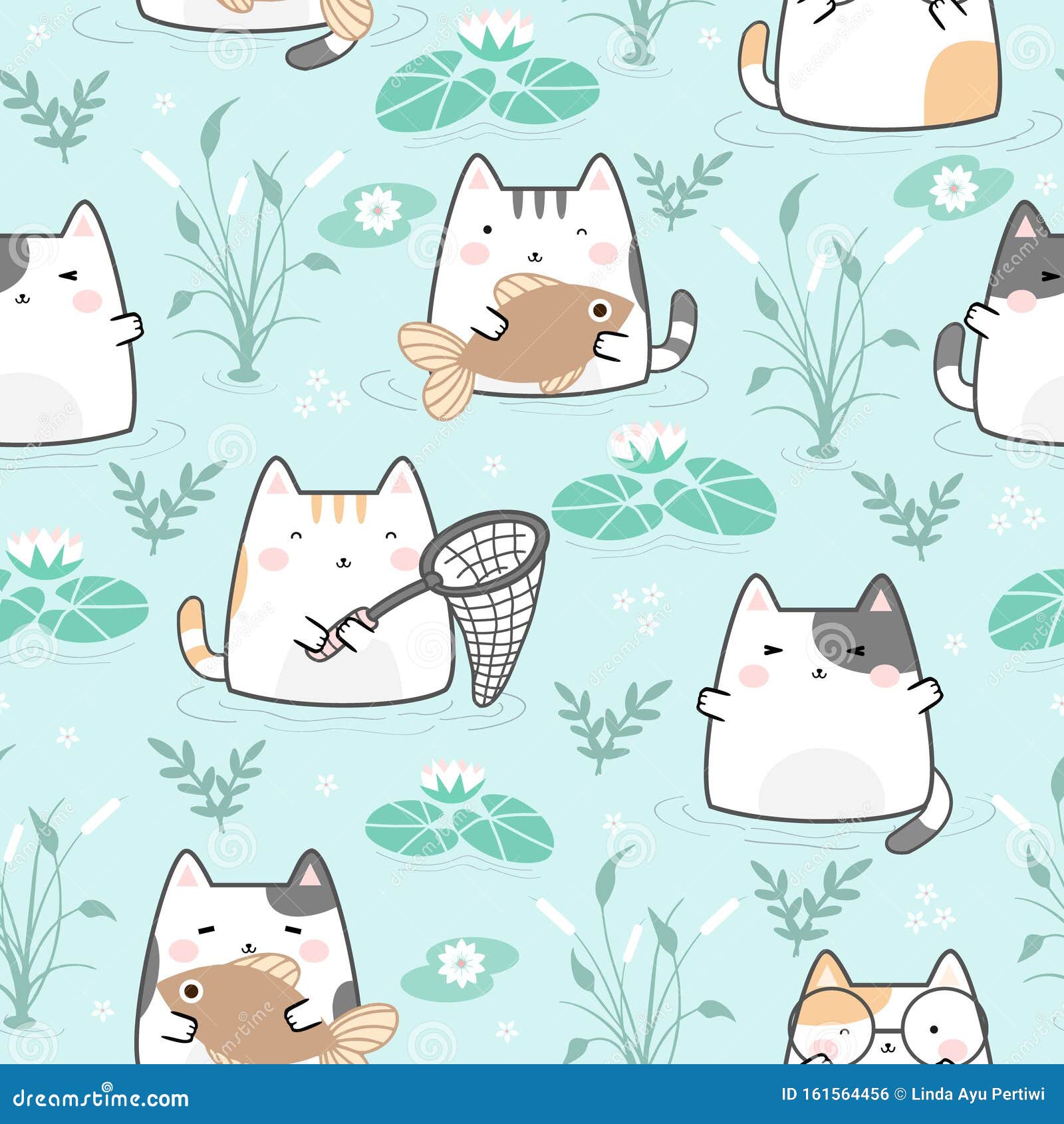 Seamless Pattern Kawaii Cute Cat Stock Vector Illustration Of Kitty Blue Seamless Pattern Kawaii Cute Cat Stock Vector Illustration Of Kitty Blue