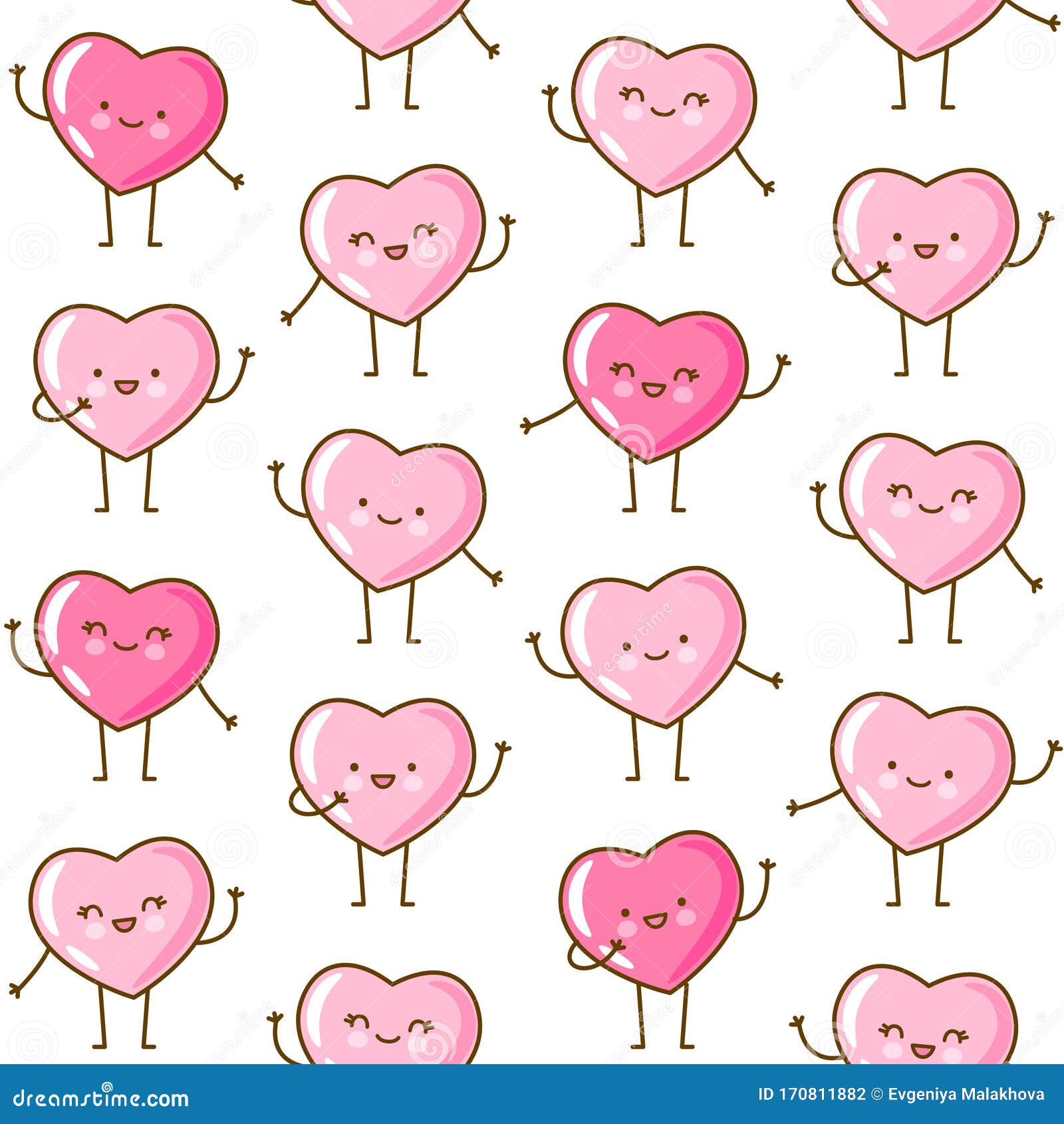 Seamless Pattern with Kawaii Pink Hearts Isolated on White Background Vector Wallpaper for Valentines Day Cute Design Stock Vector - Illustration of face, emoticon: 170811882