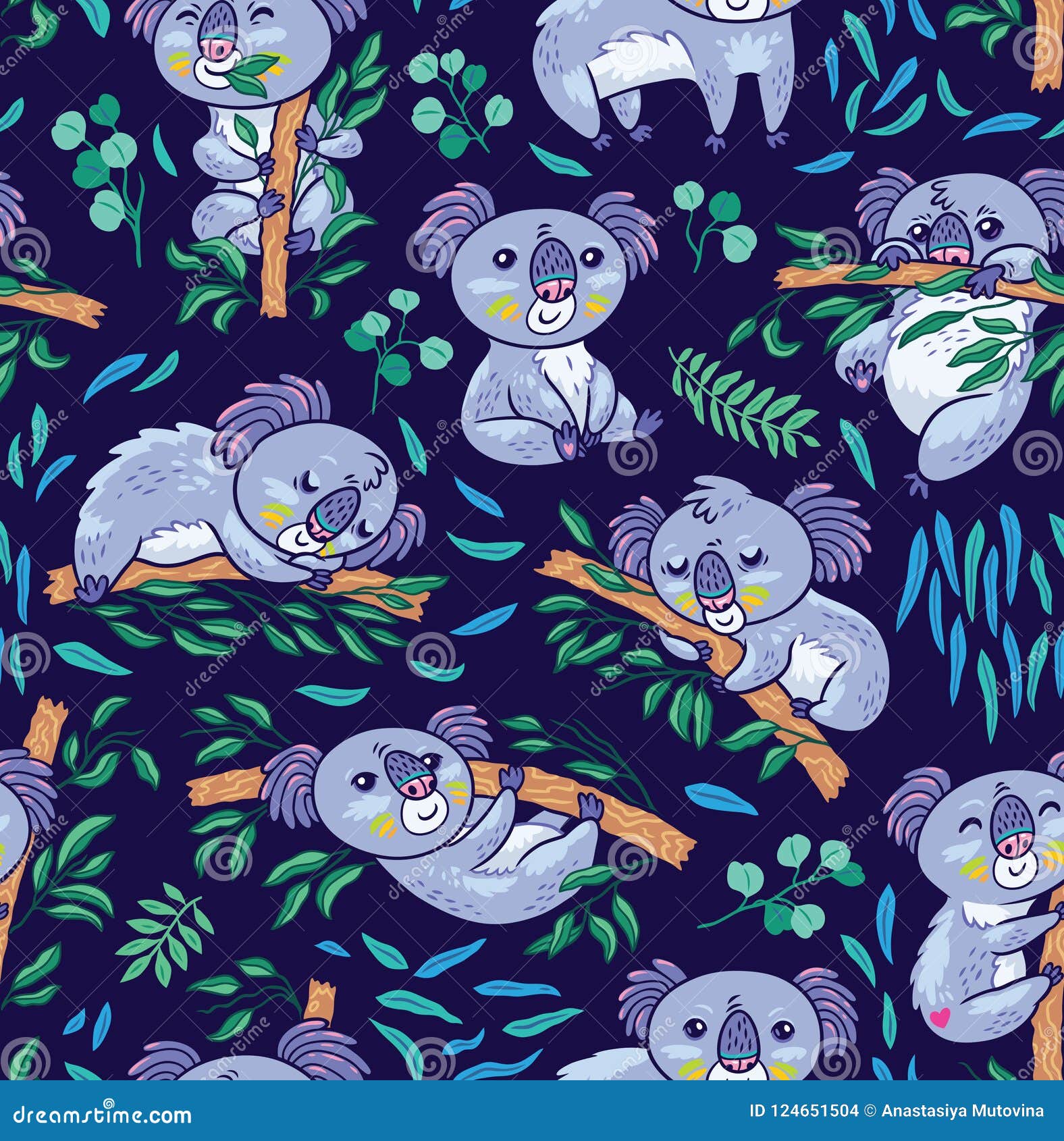 Fun Koalas in the Eucalyptus Seamless Pattern. Hand Drawn Vector