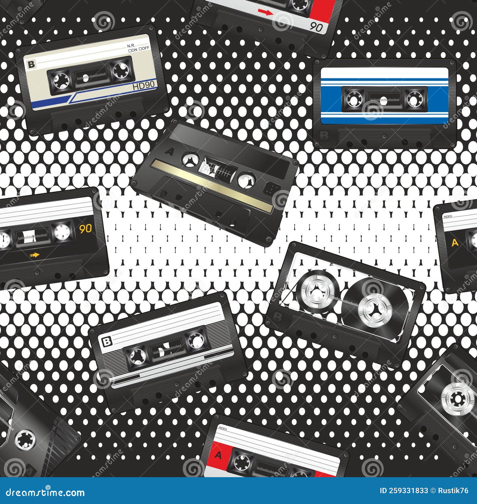 Seamless Pattern with Large Compact Cassettes on a Black and White