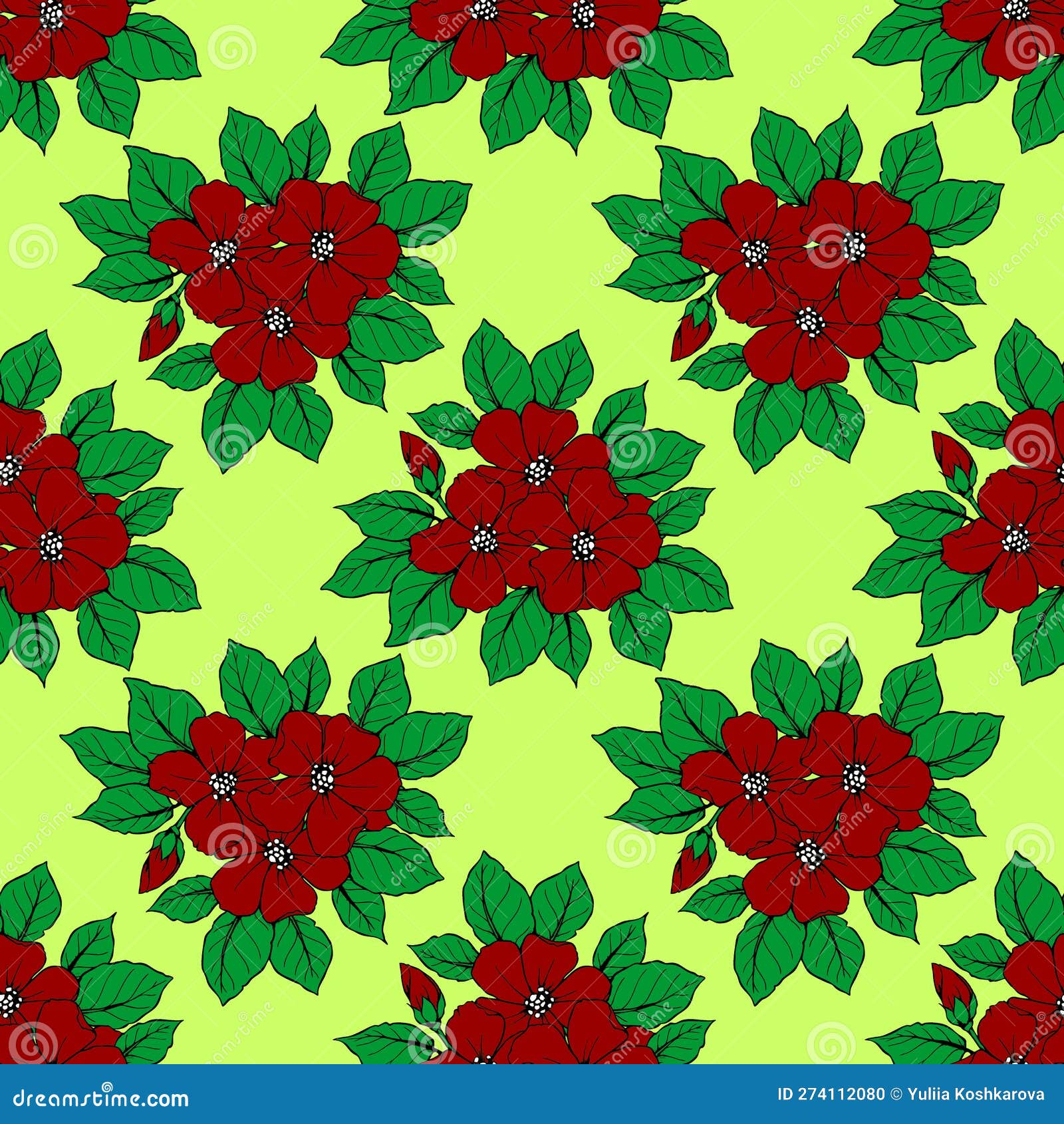 Seamless Pattern of Large Red Flowers on a Green Background, Texture Stock Illustration