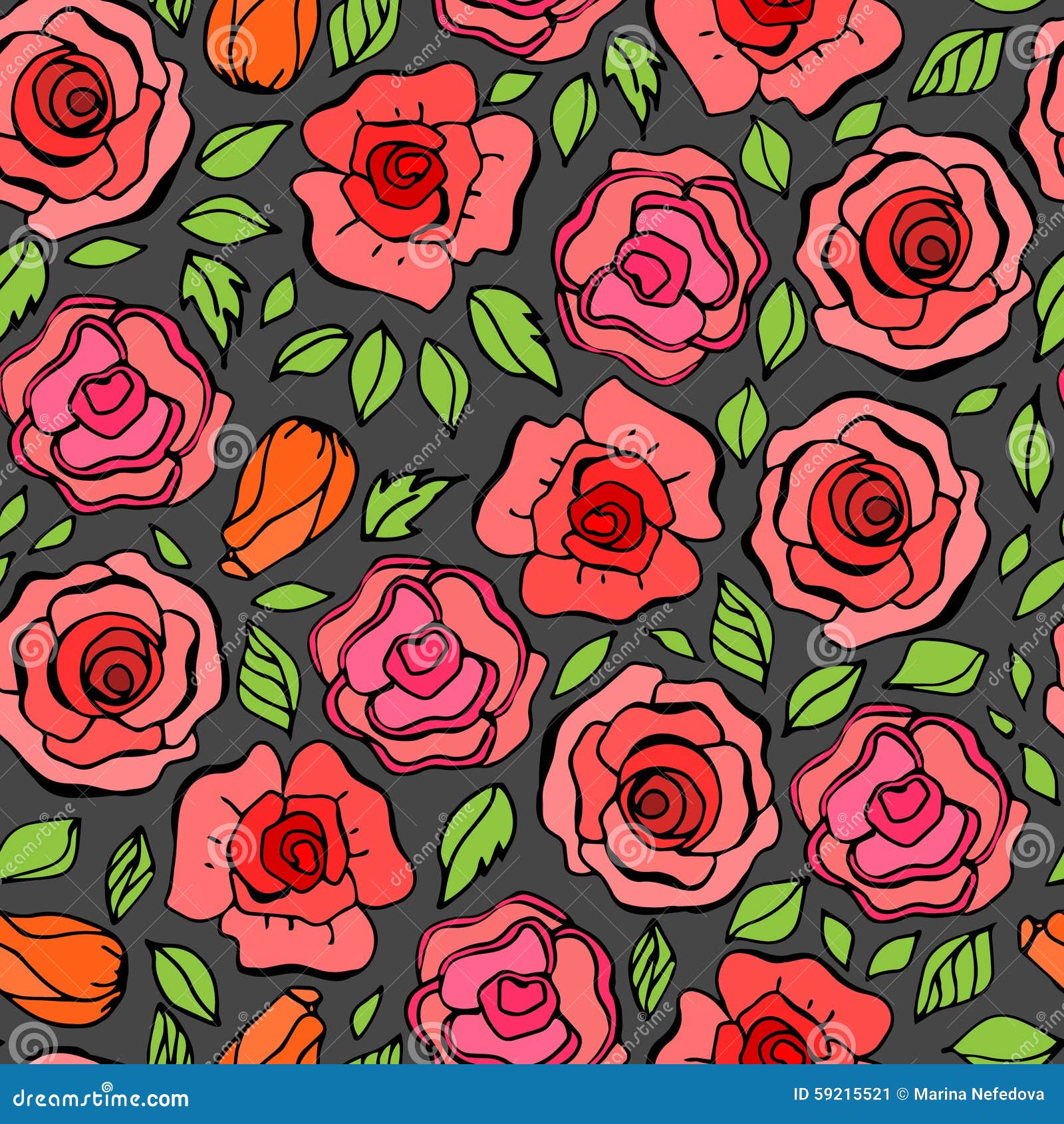 Seamless pattern with leafs and red roses in vintage style. Vector illustration.