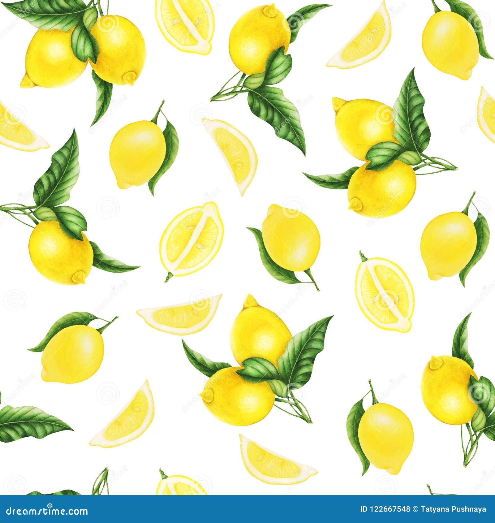 Seamless Pattern with Lemons and Leaves and Half of Lemon, Watercolor ...