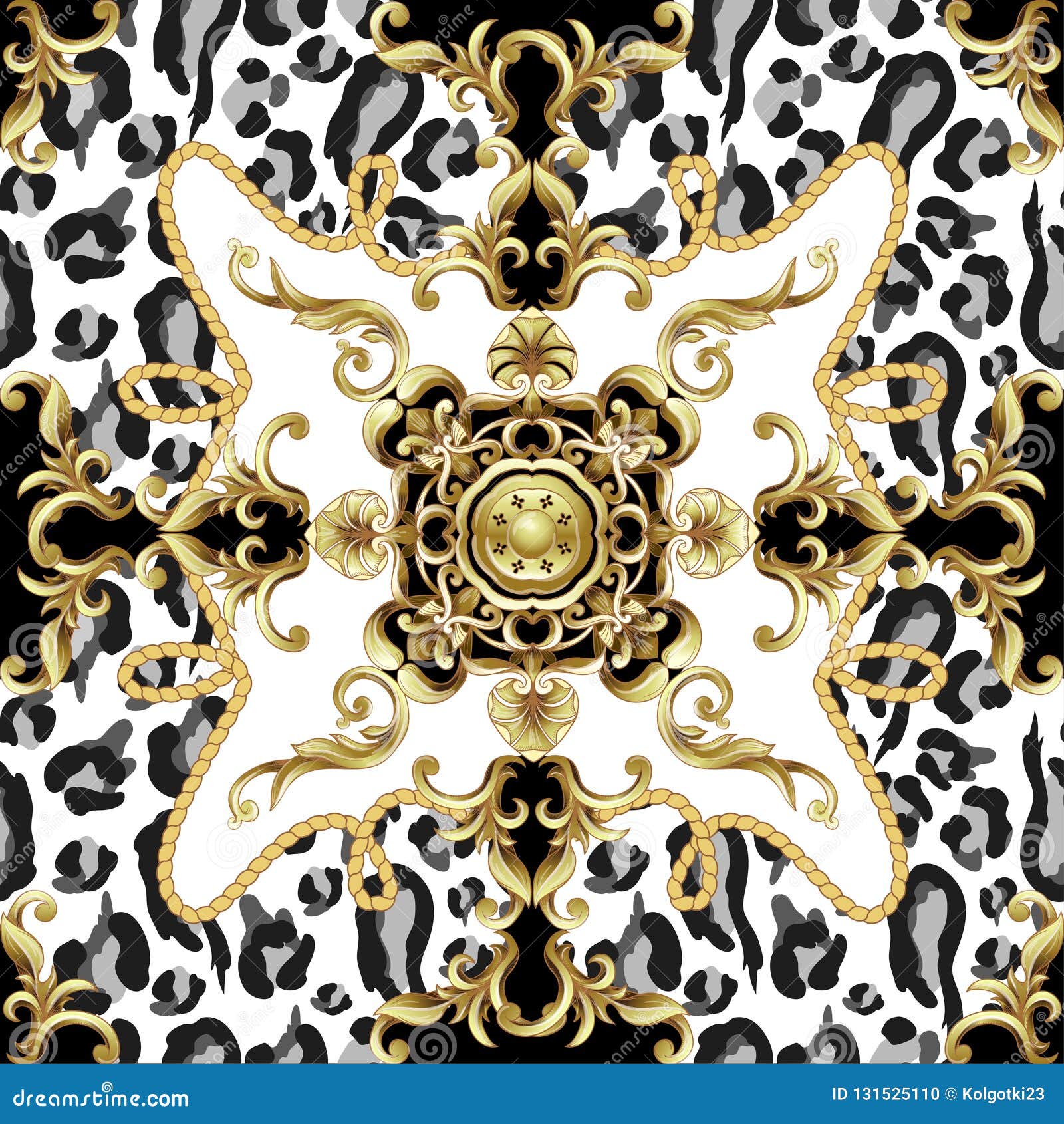 Seamless Pattern with Leopard Skin and Golden Baroque Elements. Vector ...
