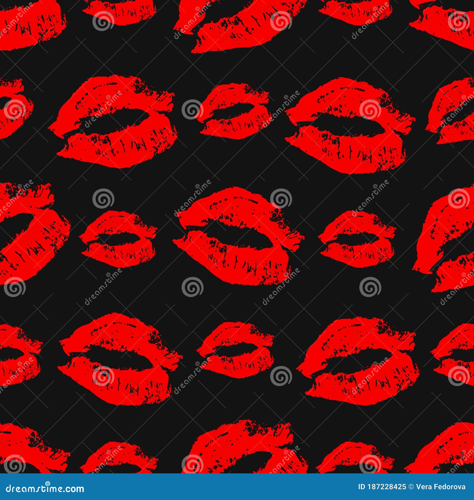 Seamless Pattern Lipstick Kiss on Black Background. Bright Red ...