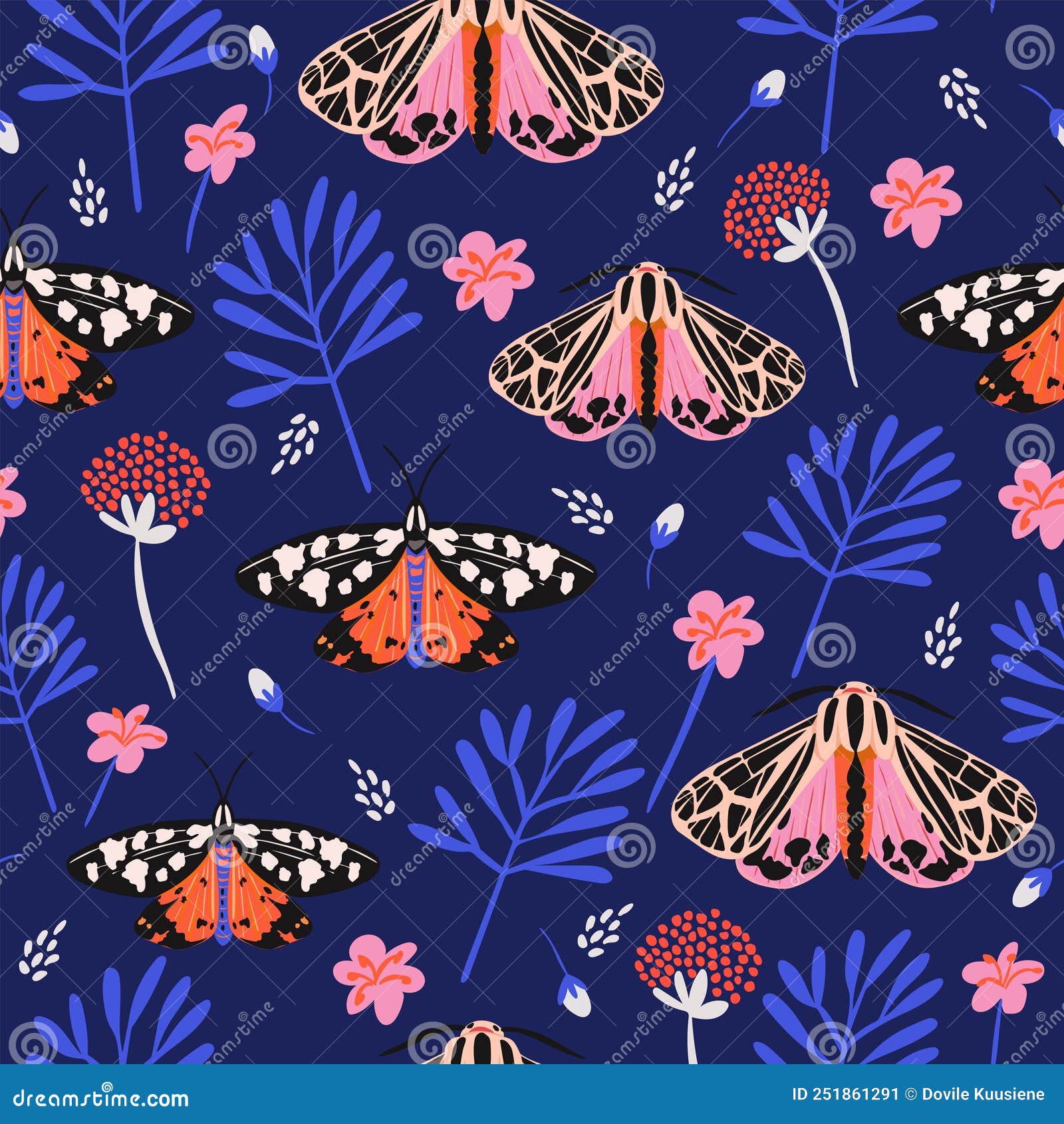Seamless Pattern with Moths, Flowers, and Butterfly. Floral Background